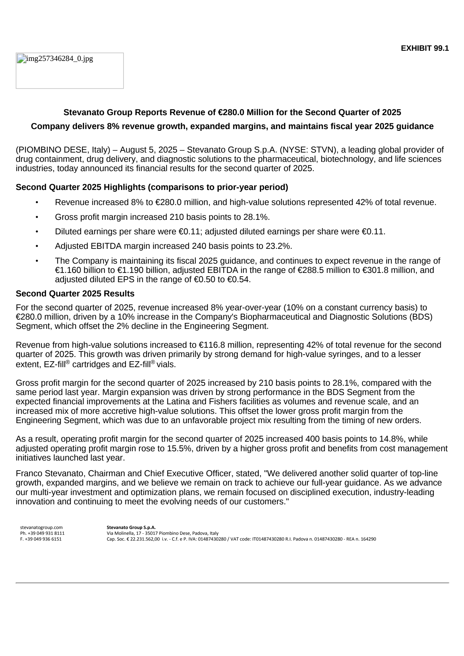 Stevanato Group's Q2 2025 Press Release