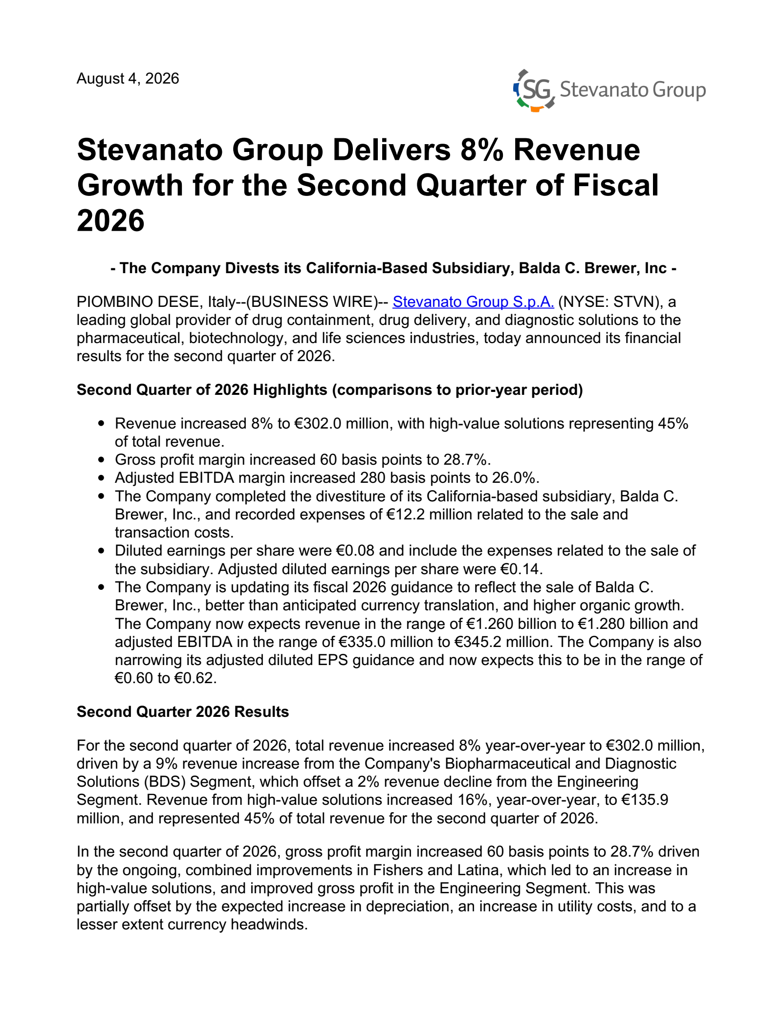 Stevanato Group's Q2 2026 Press Release