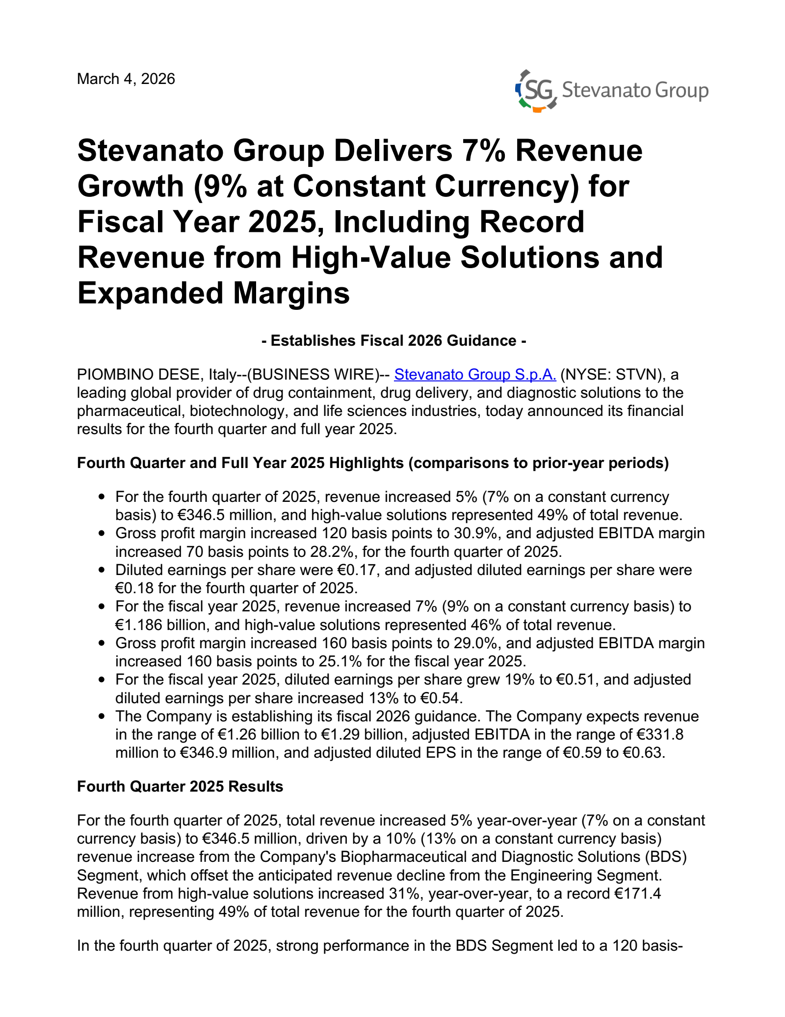 Stevanato Group's Q4 2025 Press Release