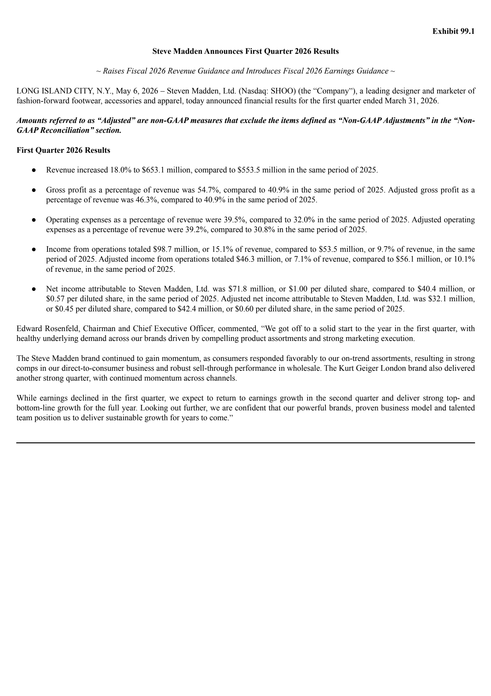 Steven Madden's Q1 2026 Press Release