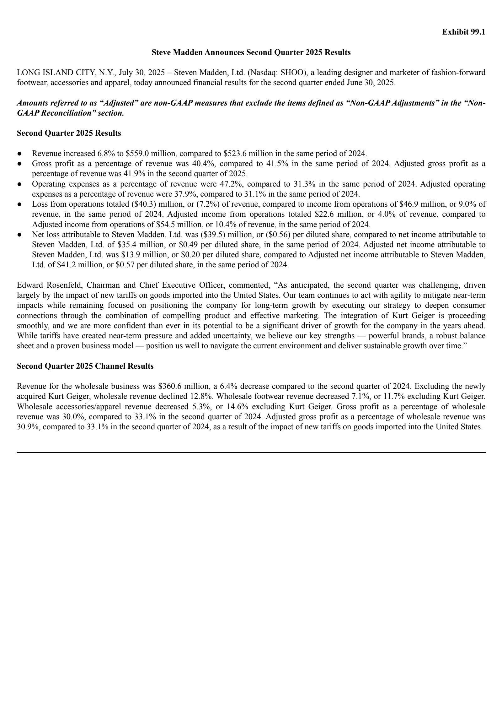 Steven Madden's Q2 2025 Press Release