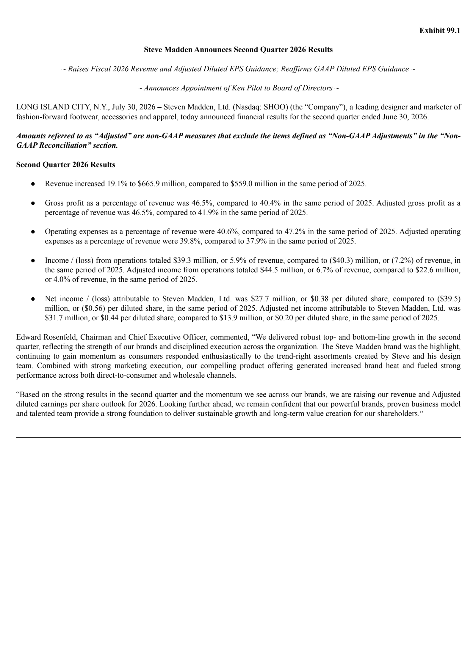 Steven Madden's Q2 2026 Press Release