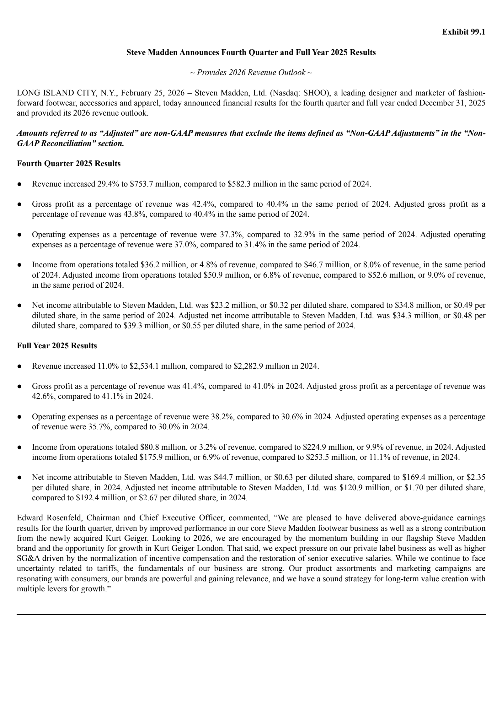 Steven Madden's Q4 2025 Press Release