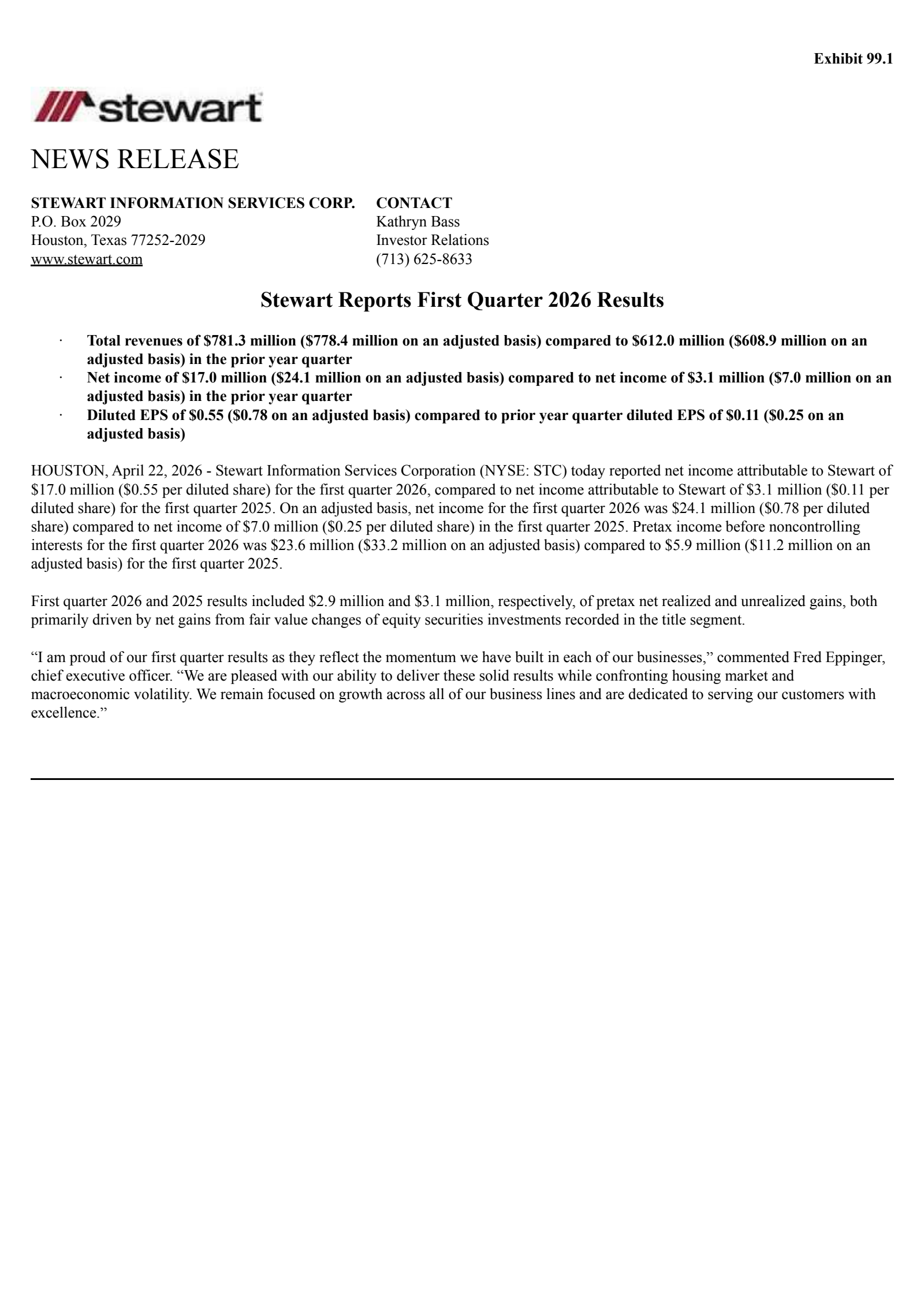 Stewart Information Services' Q1 2026 Press Release