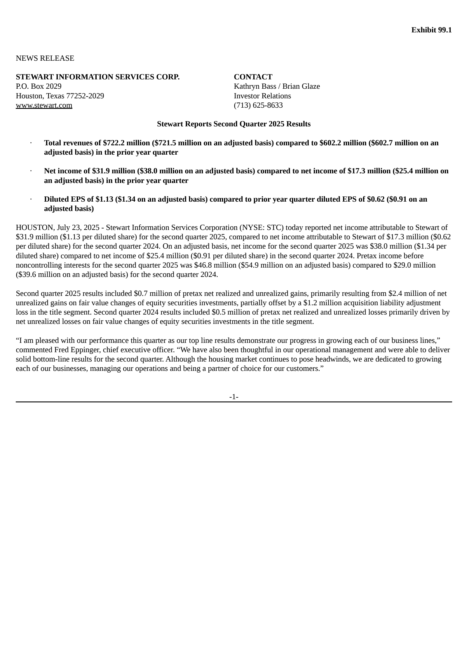 Stewart Information Services' Q2 2025 Press Release