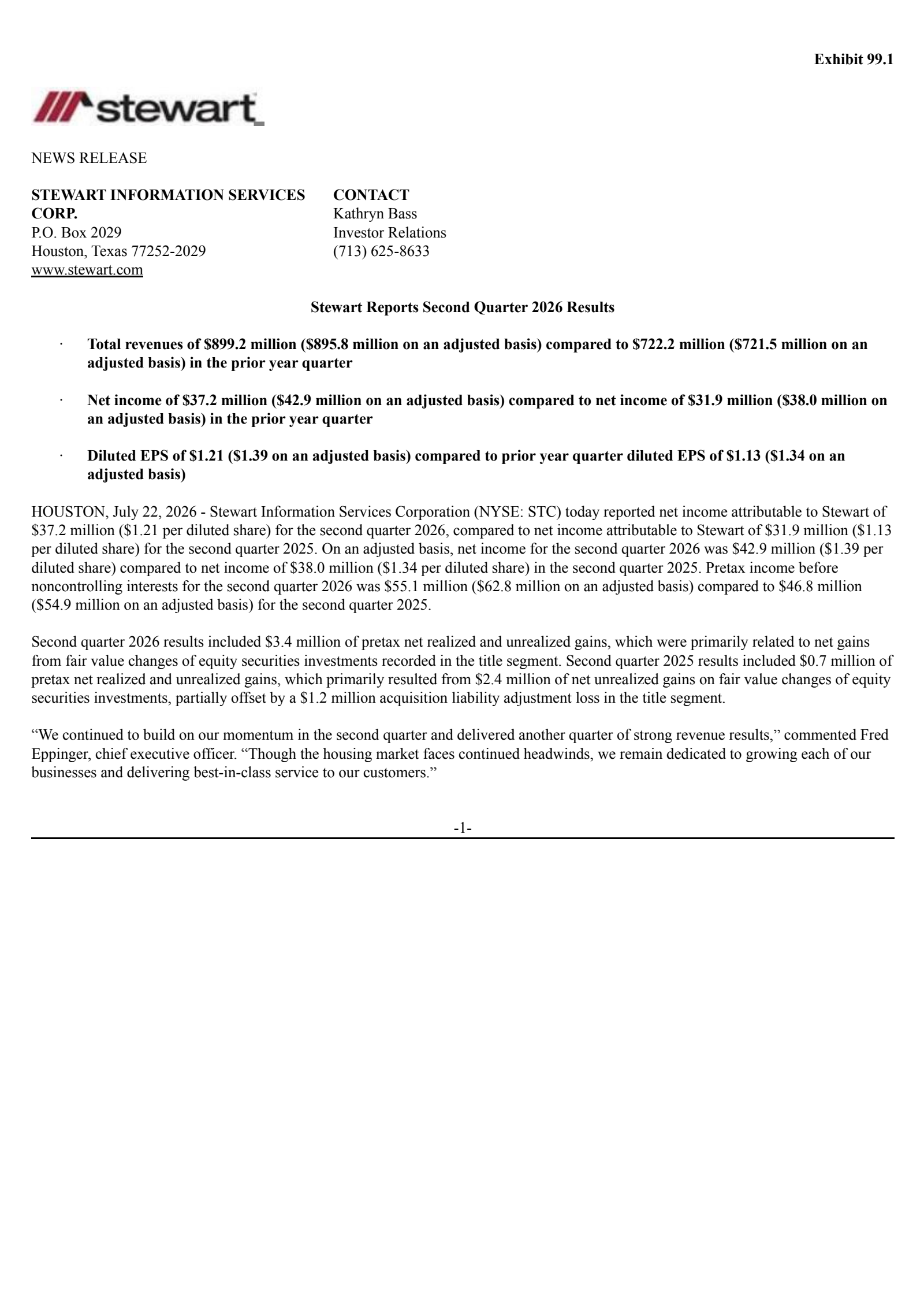 Stewart Information Services' Q2 2026 Press Release
