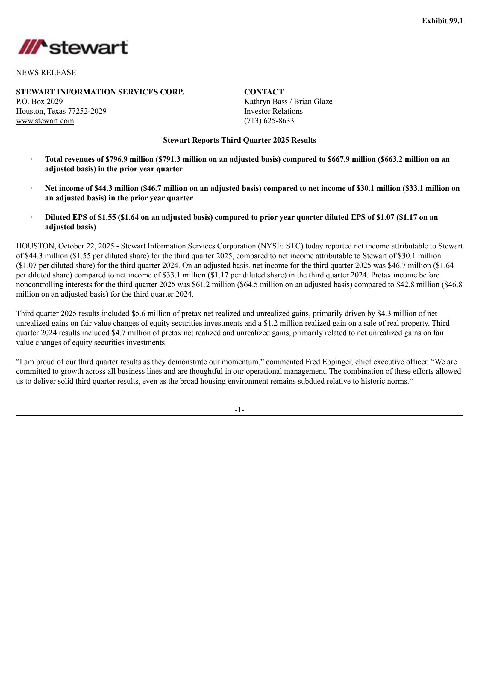 Stewart Information Services' Q3 2025 Earnings Release