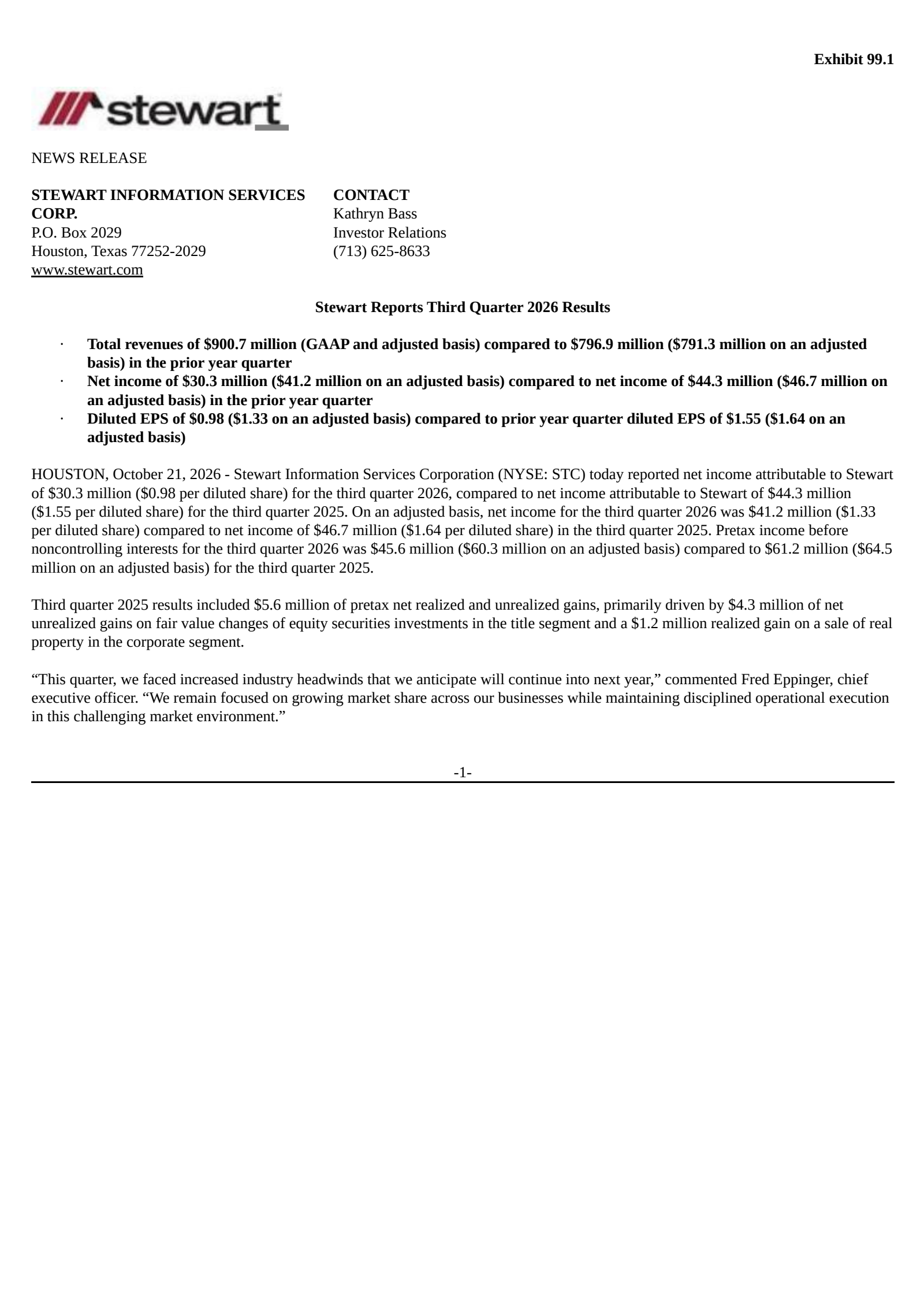 Stewart Information Services' Q3 2026 Press Release
