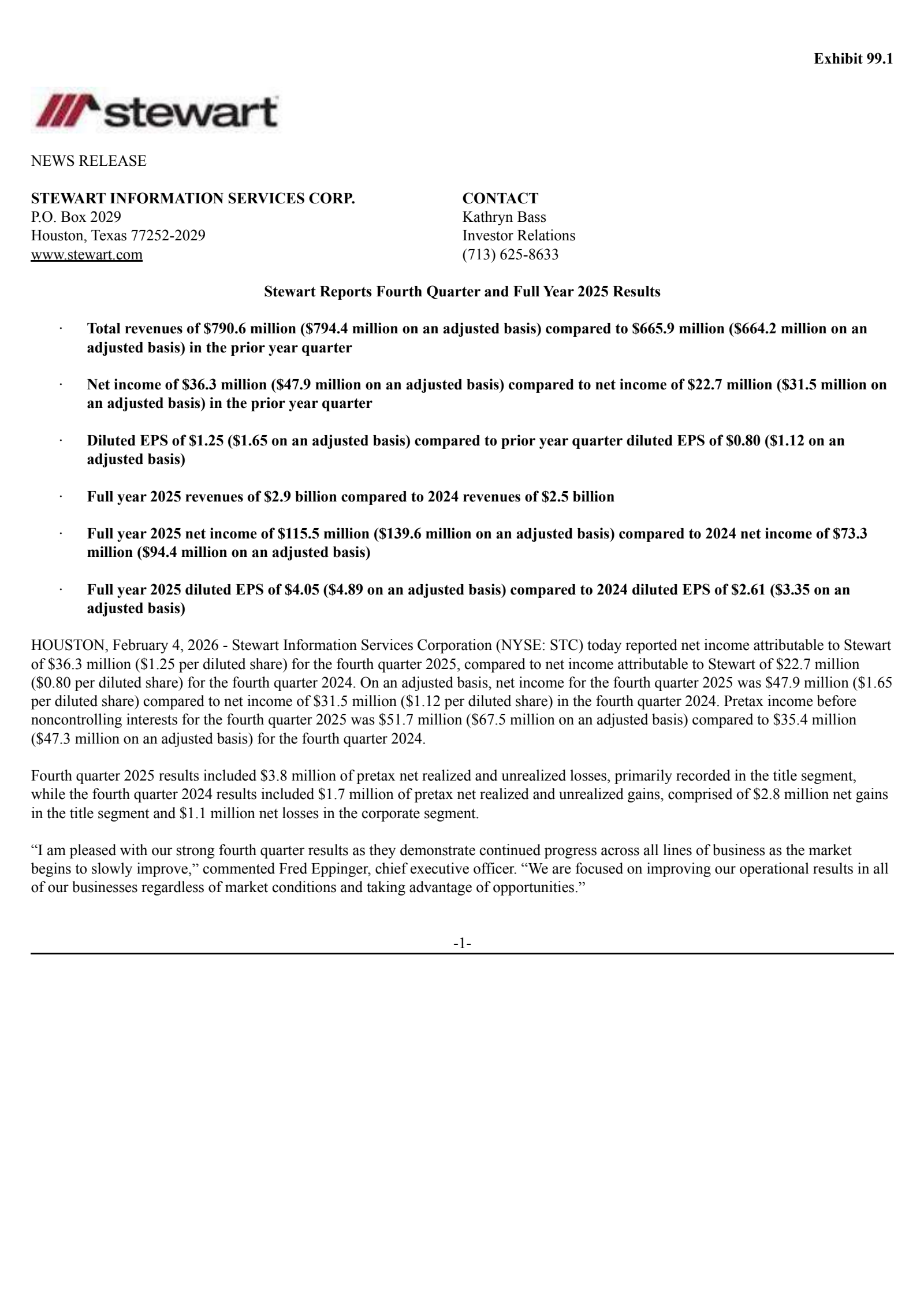 Stewart Information Services' Q4 2025 Press Release