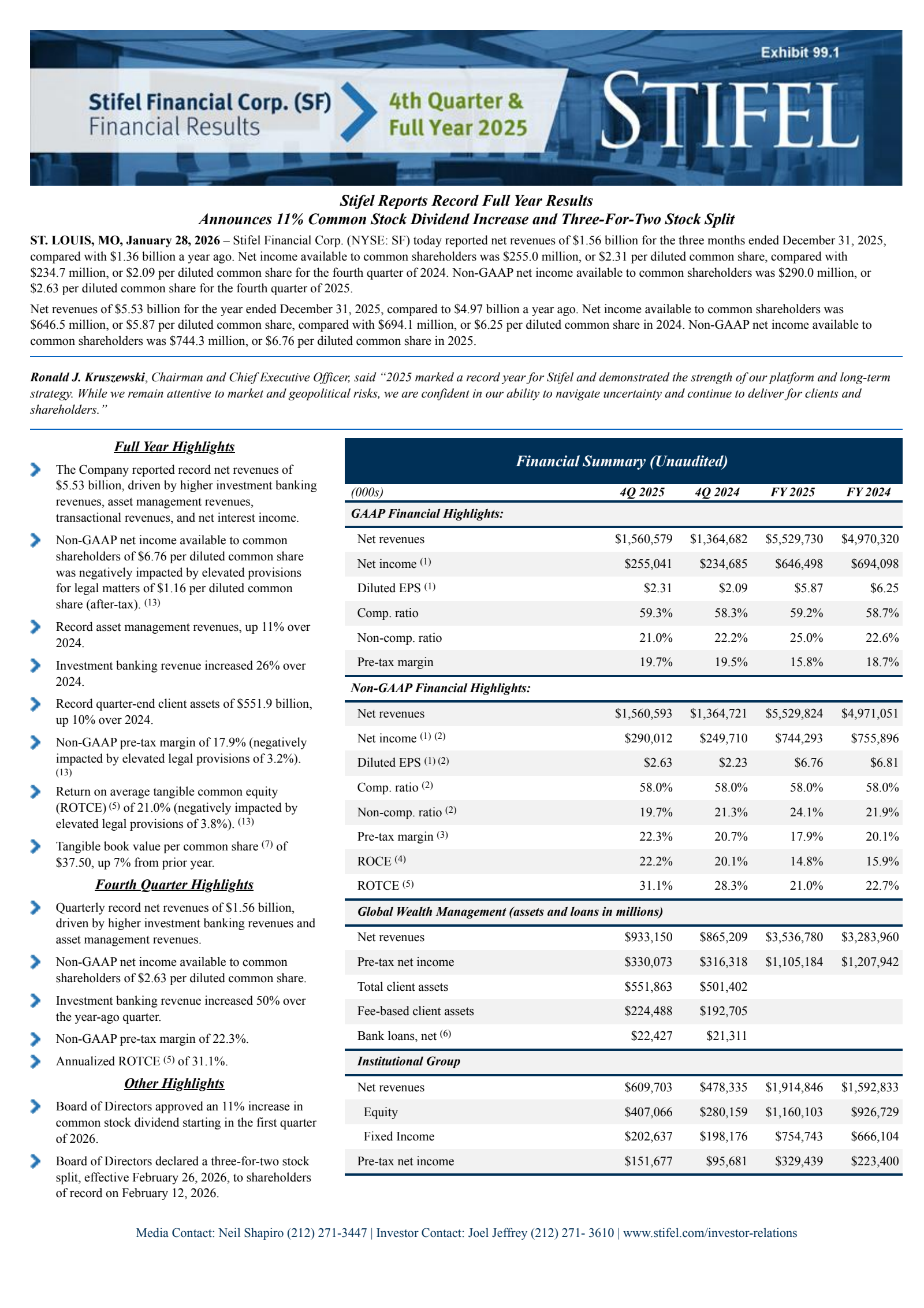 Stifel Financial's Q4 2025 Press Release