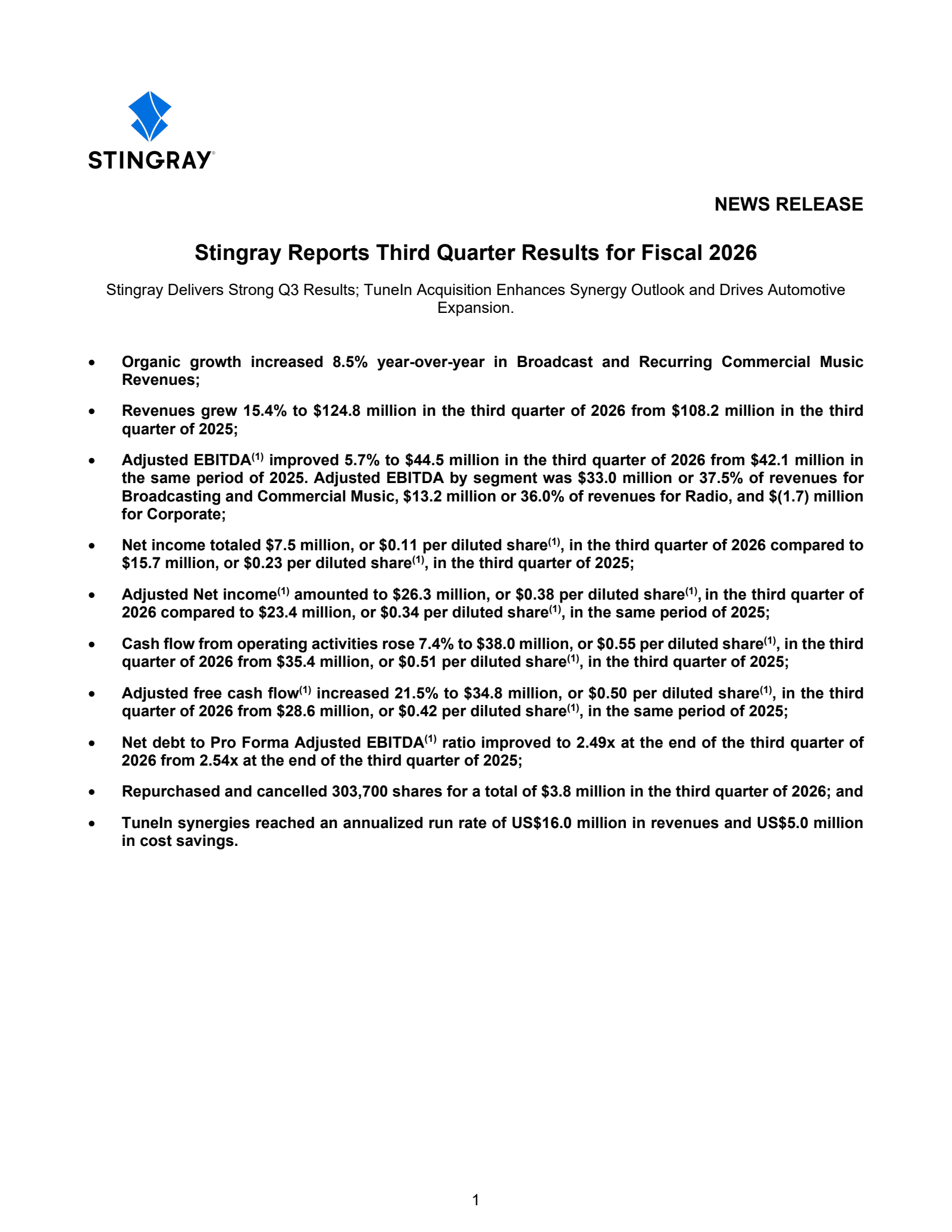 Stingray Group's Q3 2026 Press Release
