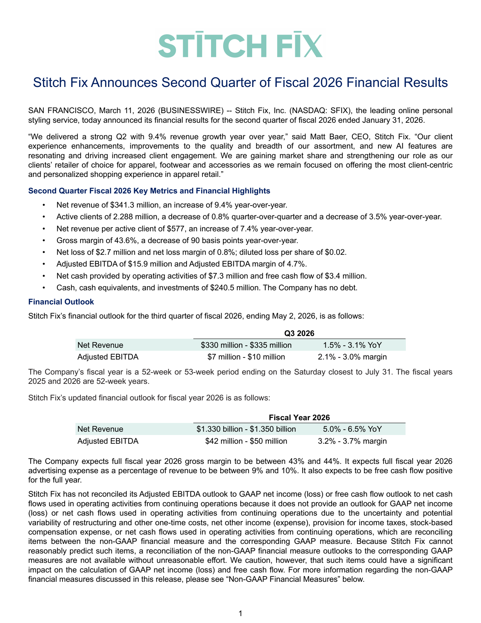 Stitch Fix's Q2 2026 Press Release