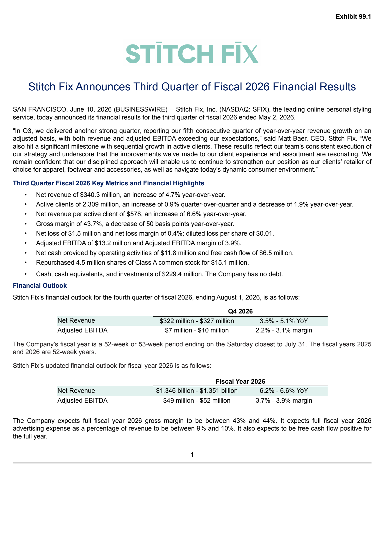 Stitch Fix's Q3 2026 Press Release