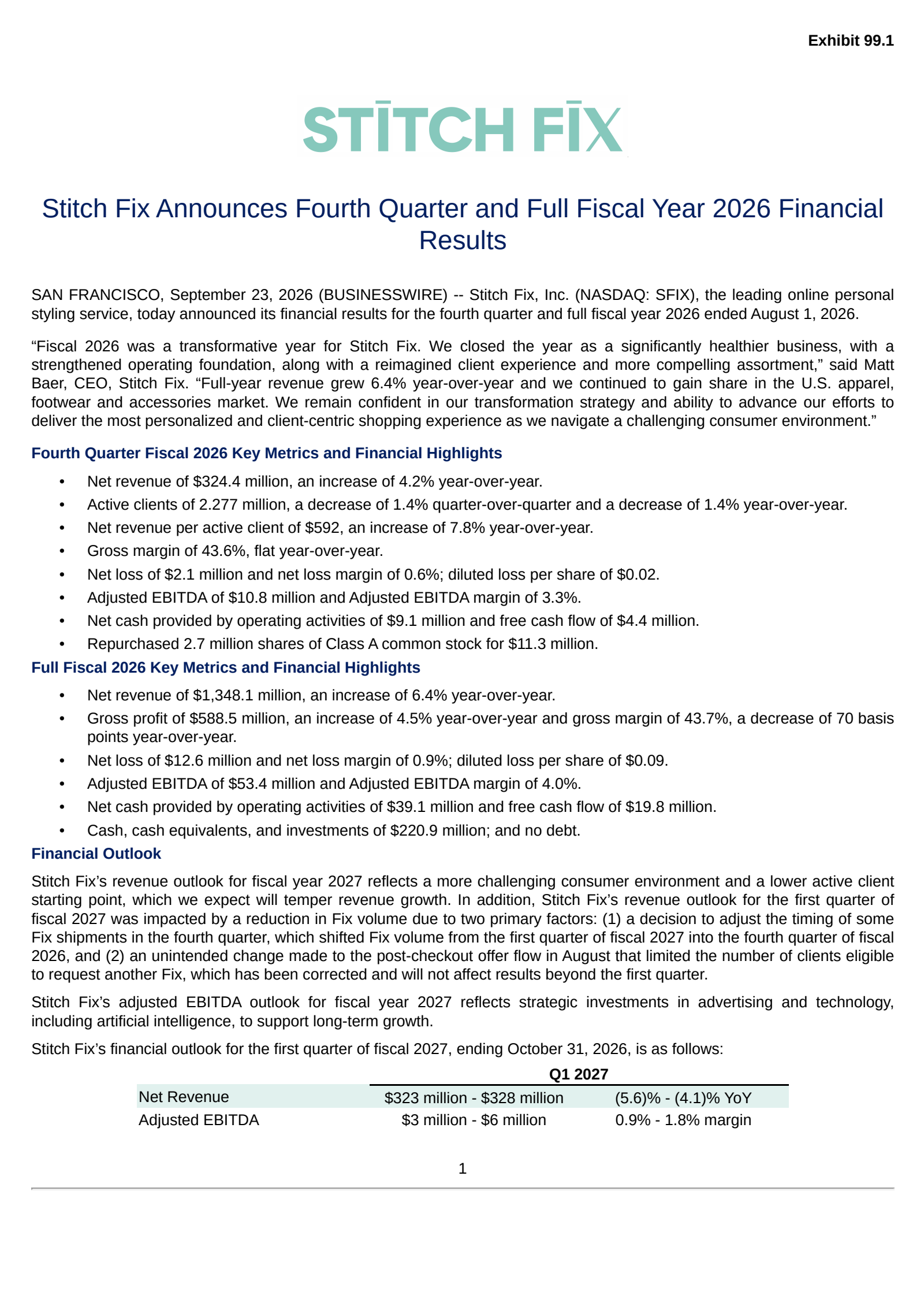 Stitch Fix's Q4 2026 Press Release