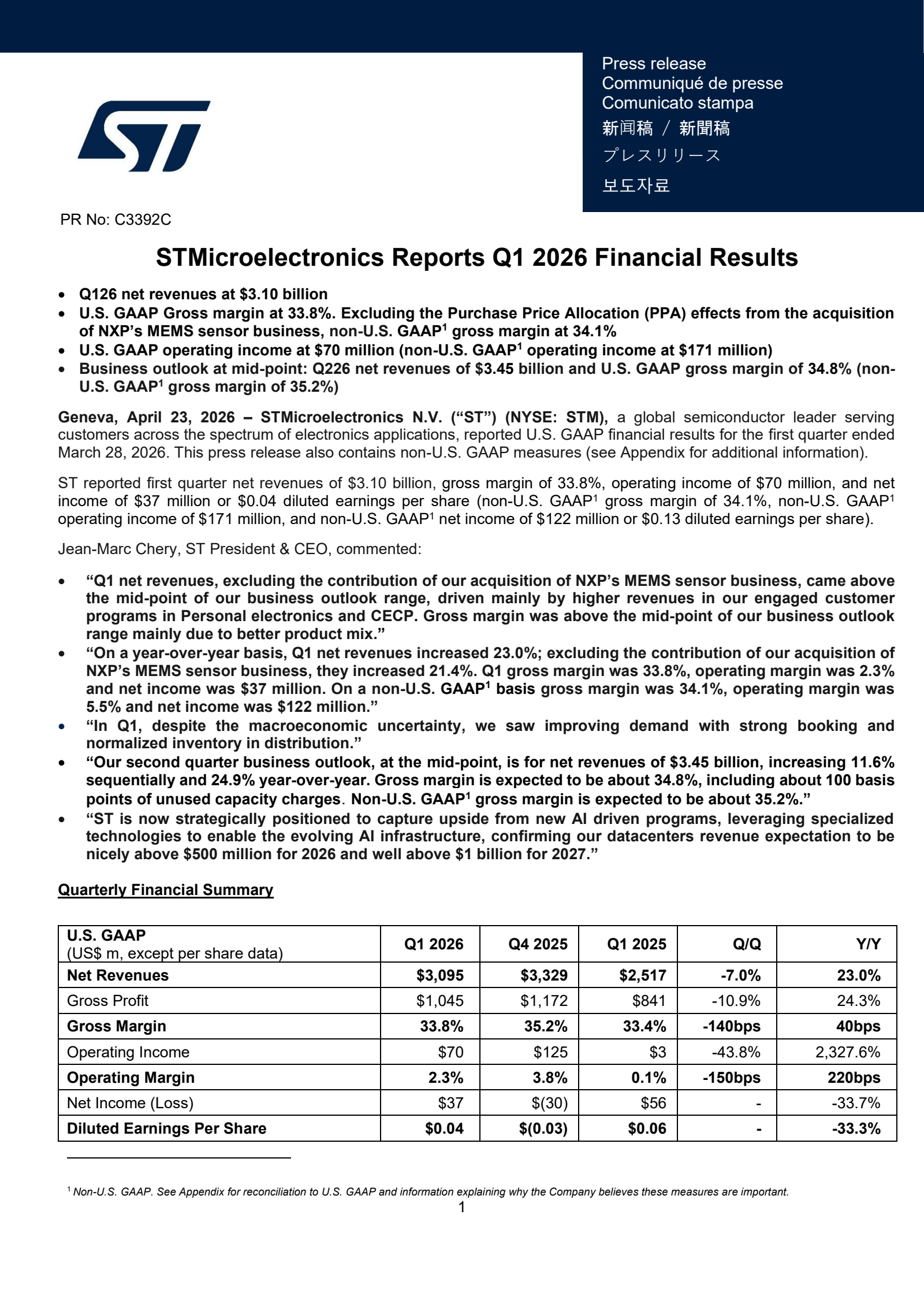 STMicroelectronics' Q1 2026 Press Release