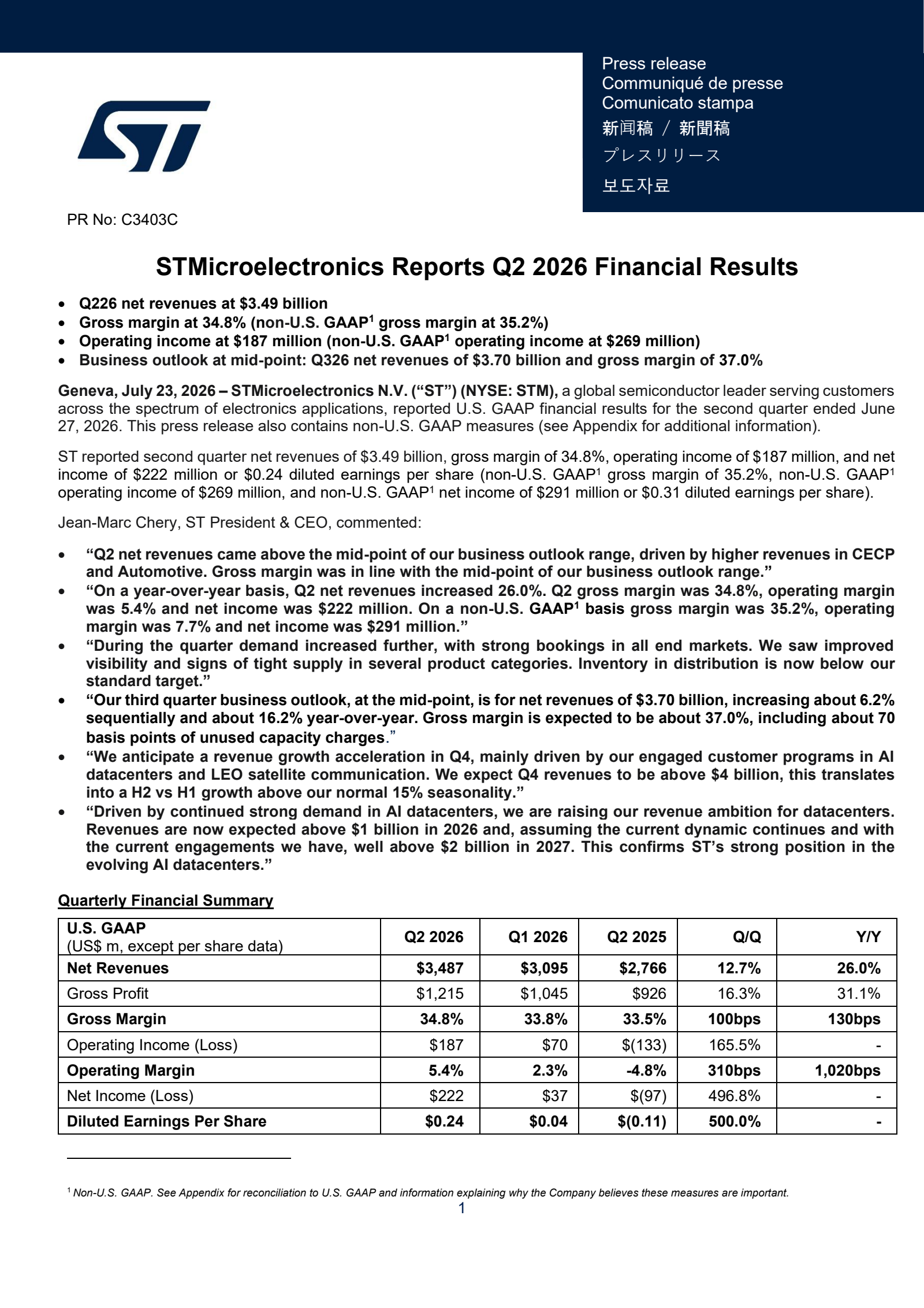 STMicroelectronics' Q2 2026 Press Release