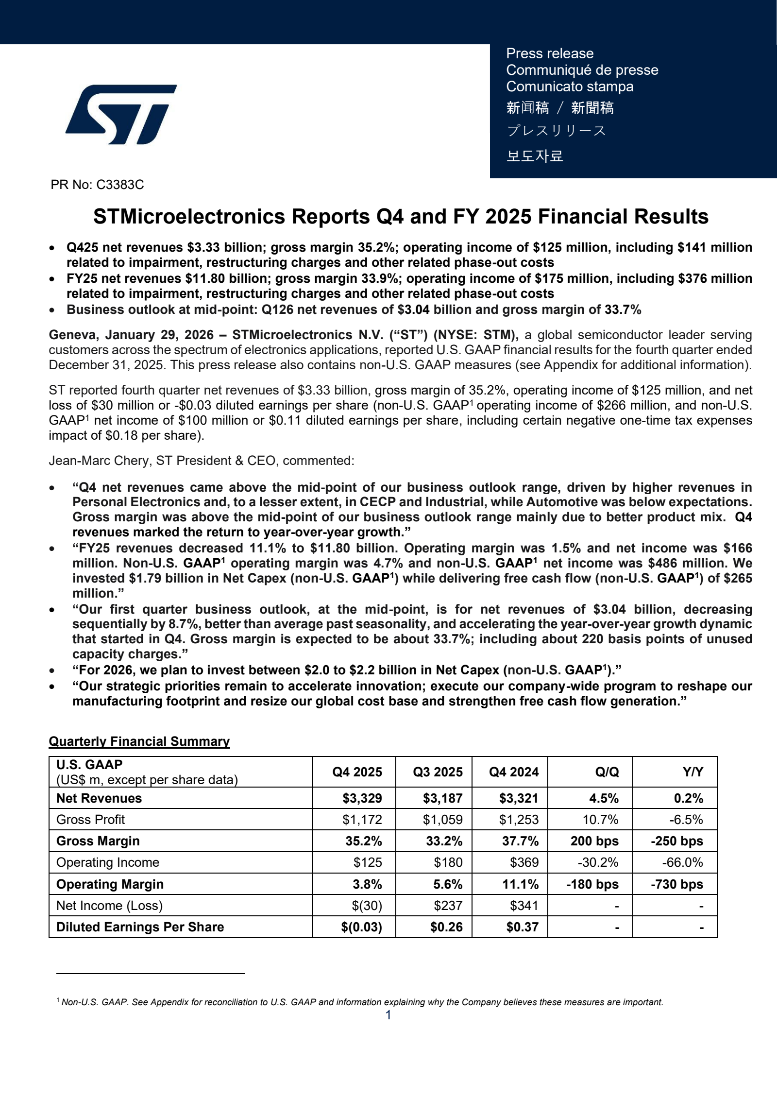 STMicroelectronics' Q4 2025 Press Release