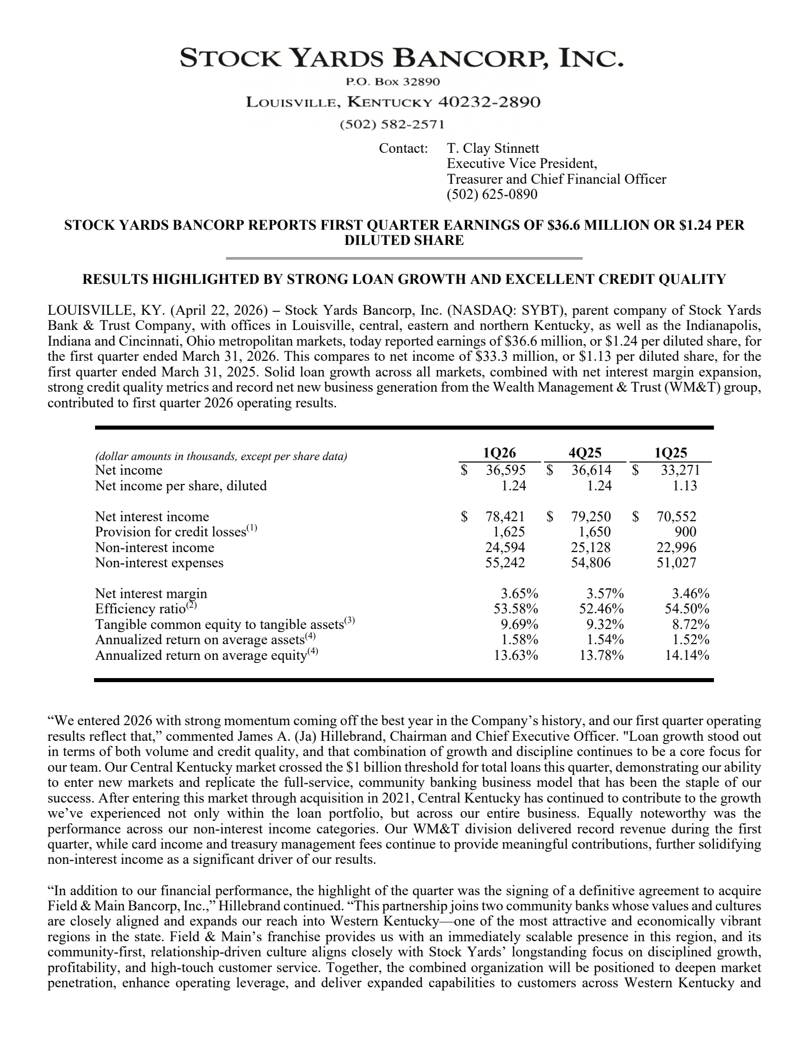 Stock Yards Bancorp's Q1 2026 Press Release