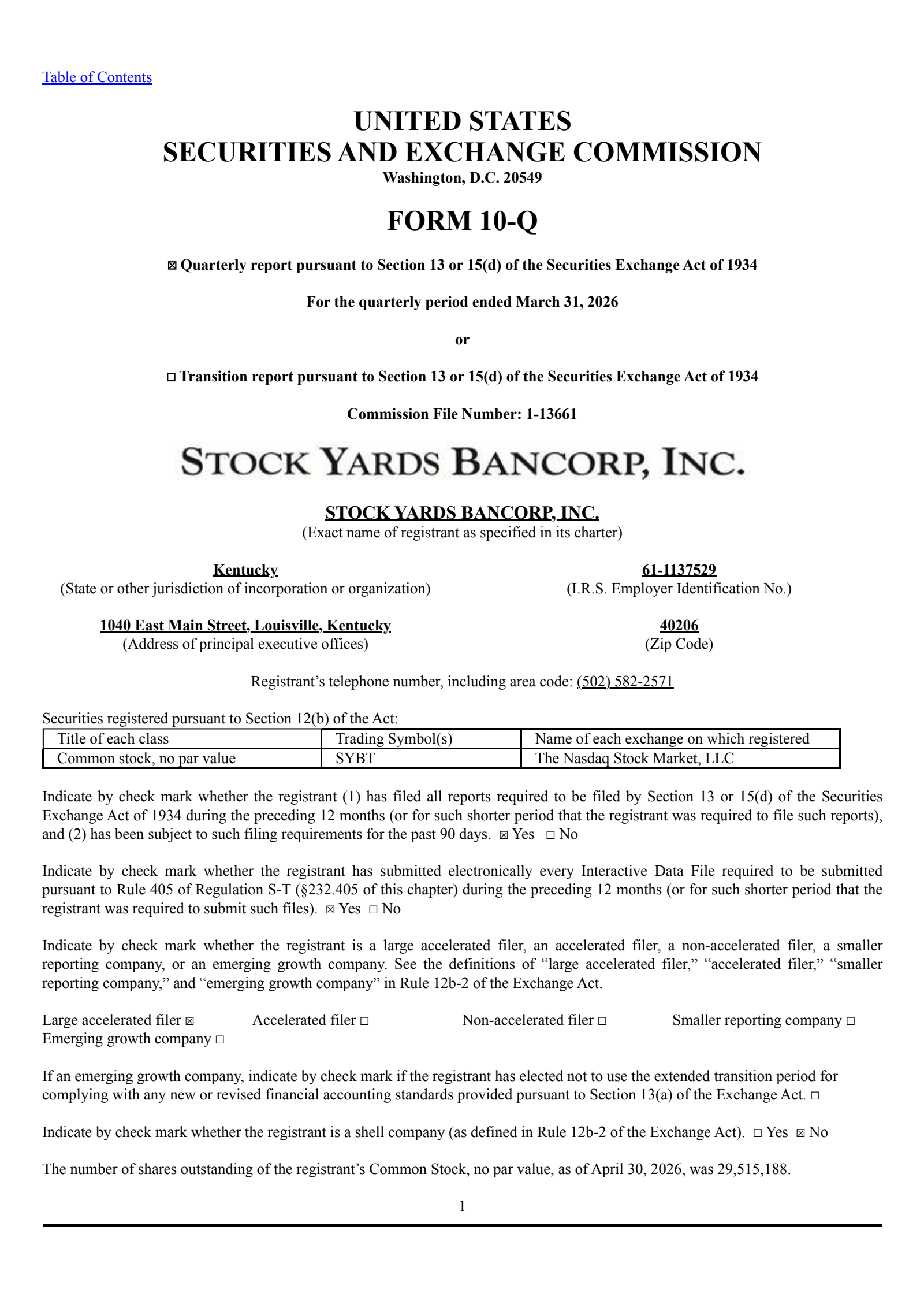 Stock Yards Bancorp's Q1 2026 Quarterly report