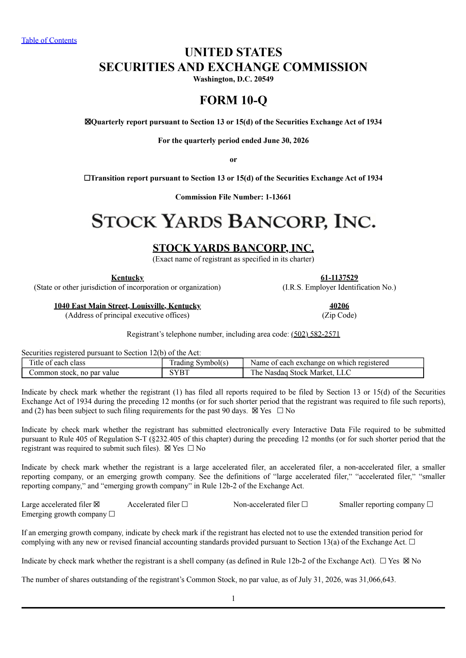Stock Yards Bancorp's Q2 2026 Quarterly report