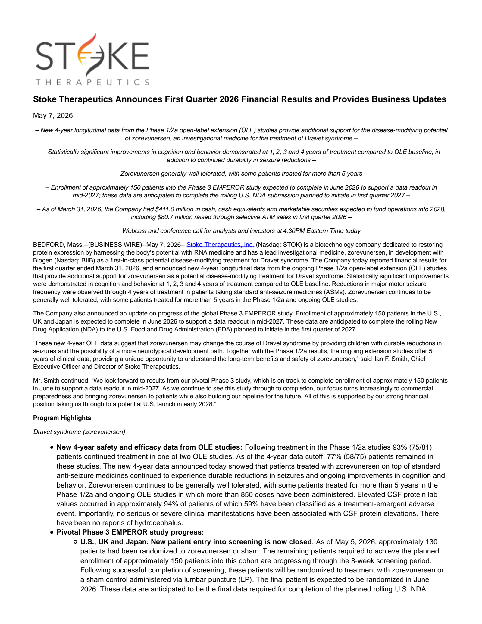Stoke Therapeutics' Q1 2026 Press Release