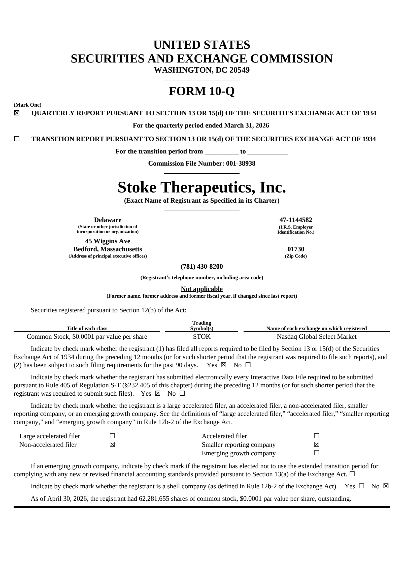 Stoke Therapeutics' Q1 2026 Quarterly report