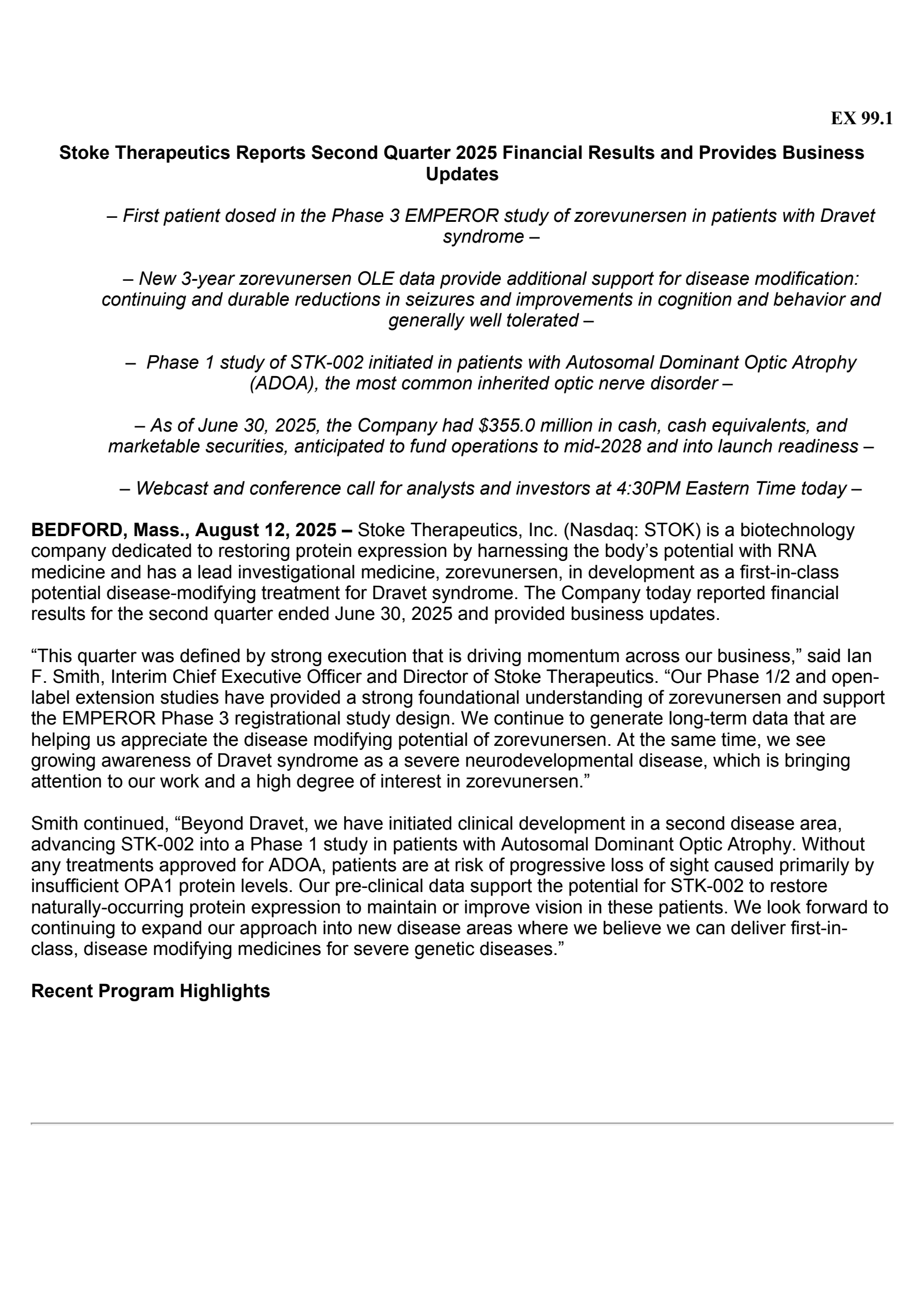 Stoke Therapeutics' Q2 2025 Press Release