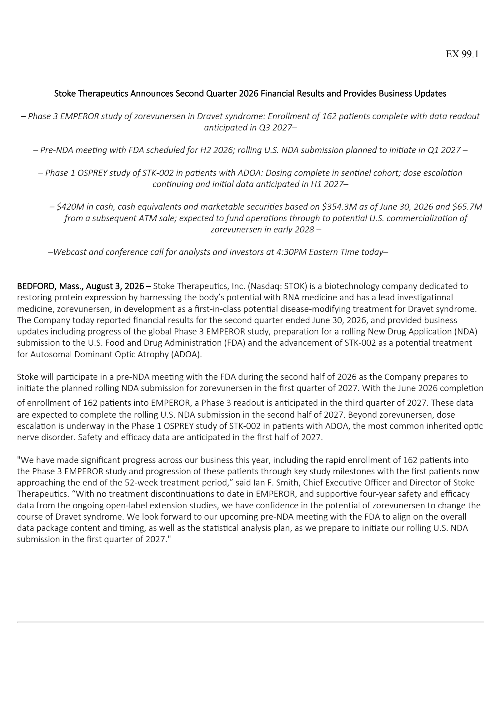 Stoke Therapeutics' Q2 2026 Press Release