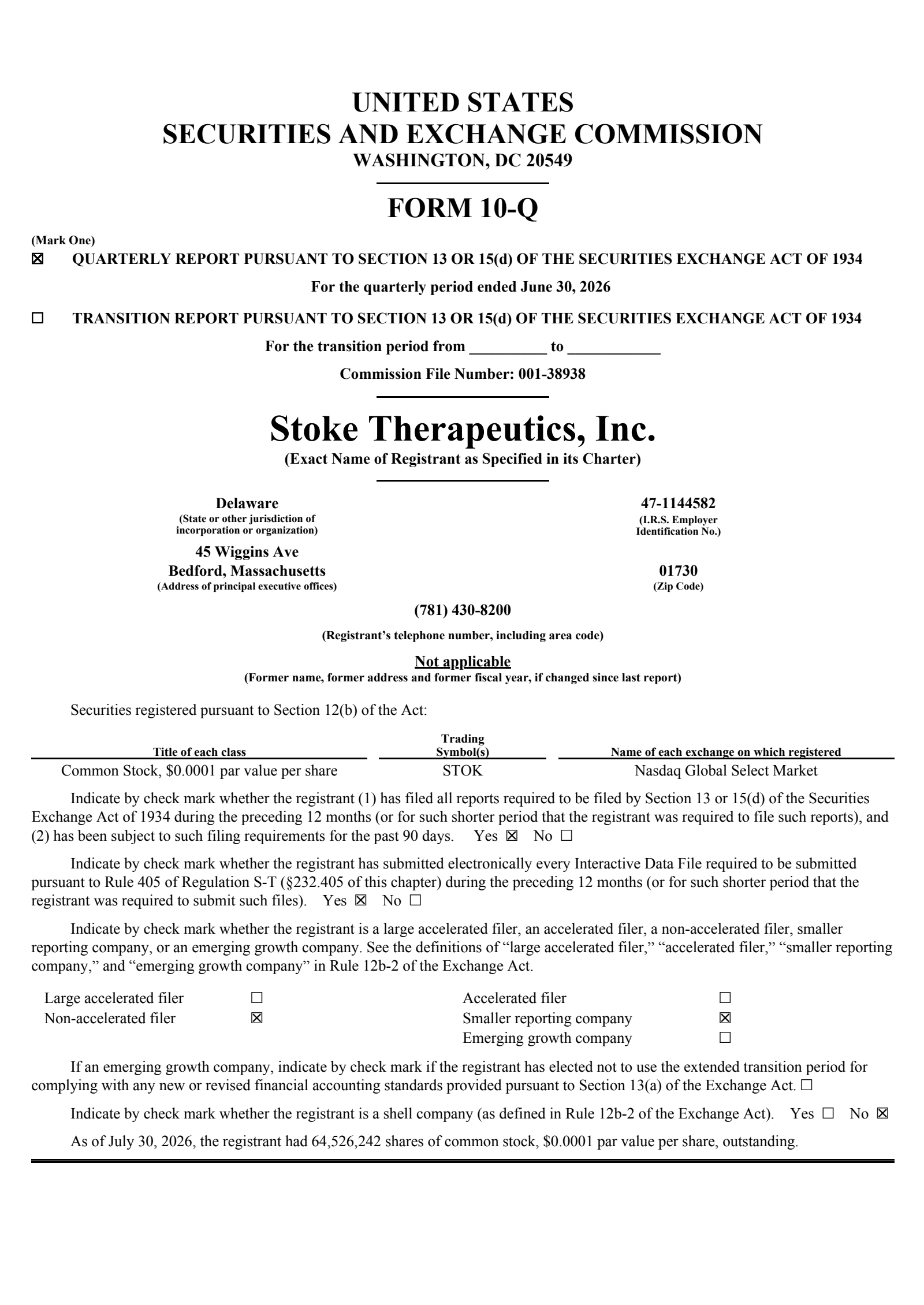 Stoke Therapeutics' Q2 2026 Quarterly report