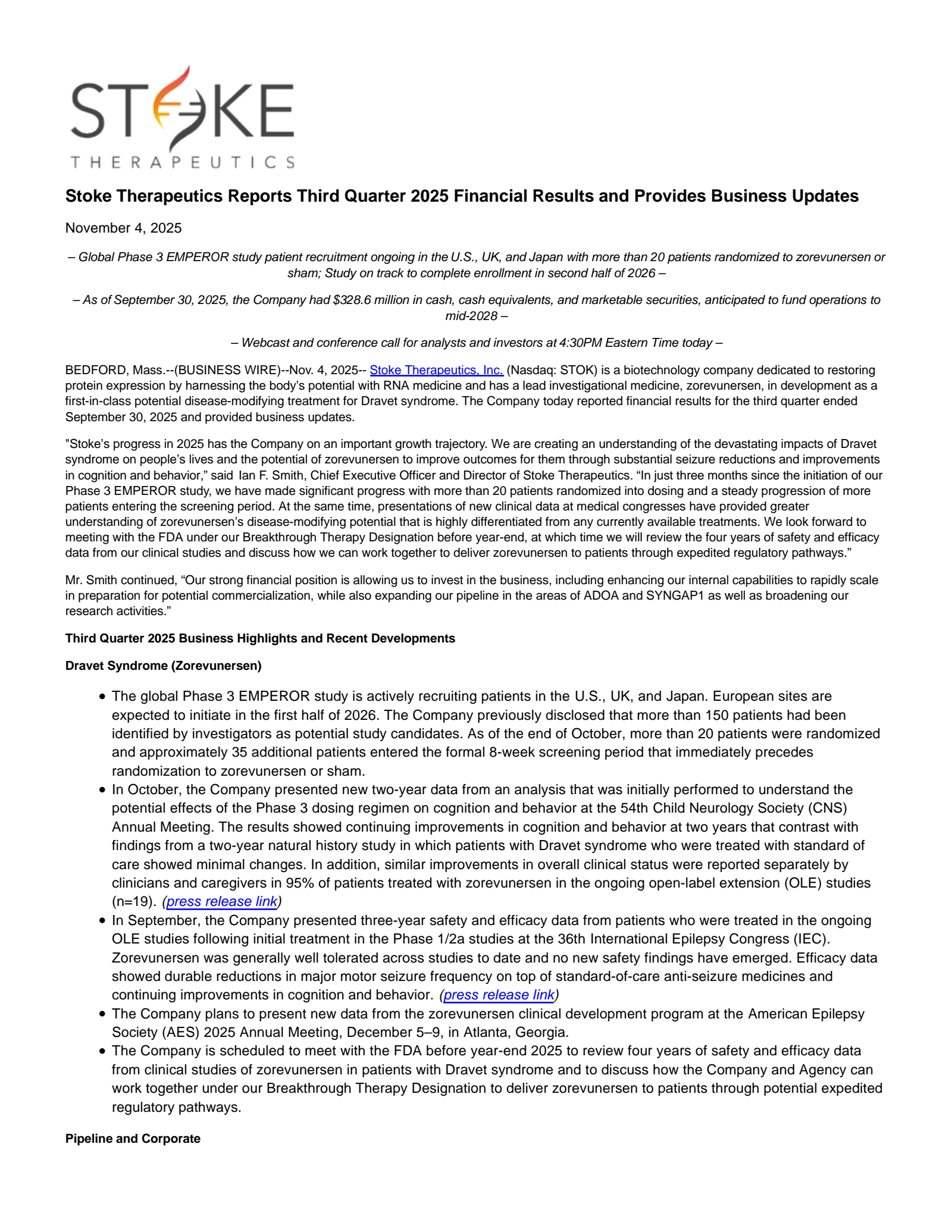 Stoke Therapeutics' Q3 2025 Earnings Release