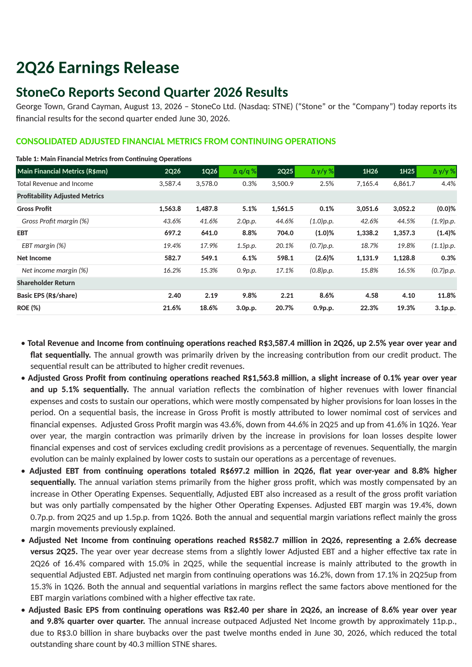 StoneCo's Q2 2026 Press Release