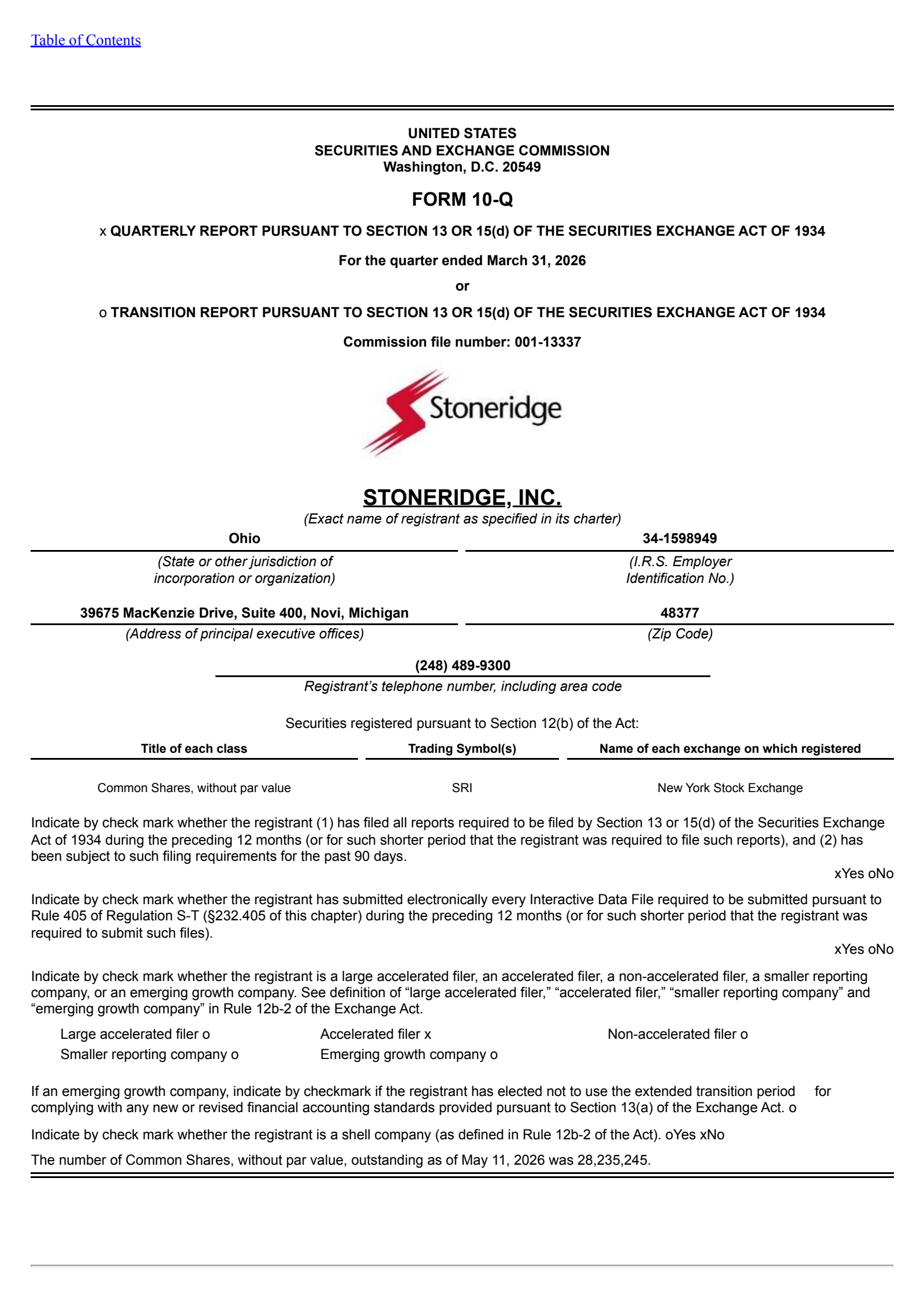 Stoneridge's Q1 2026 Quarterly report