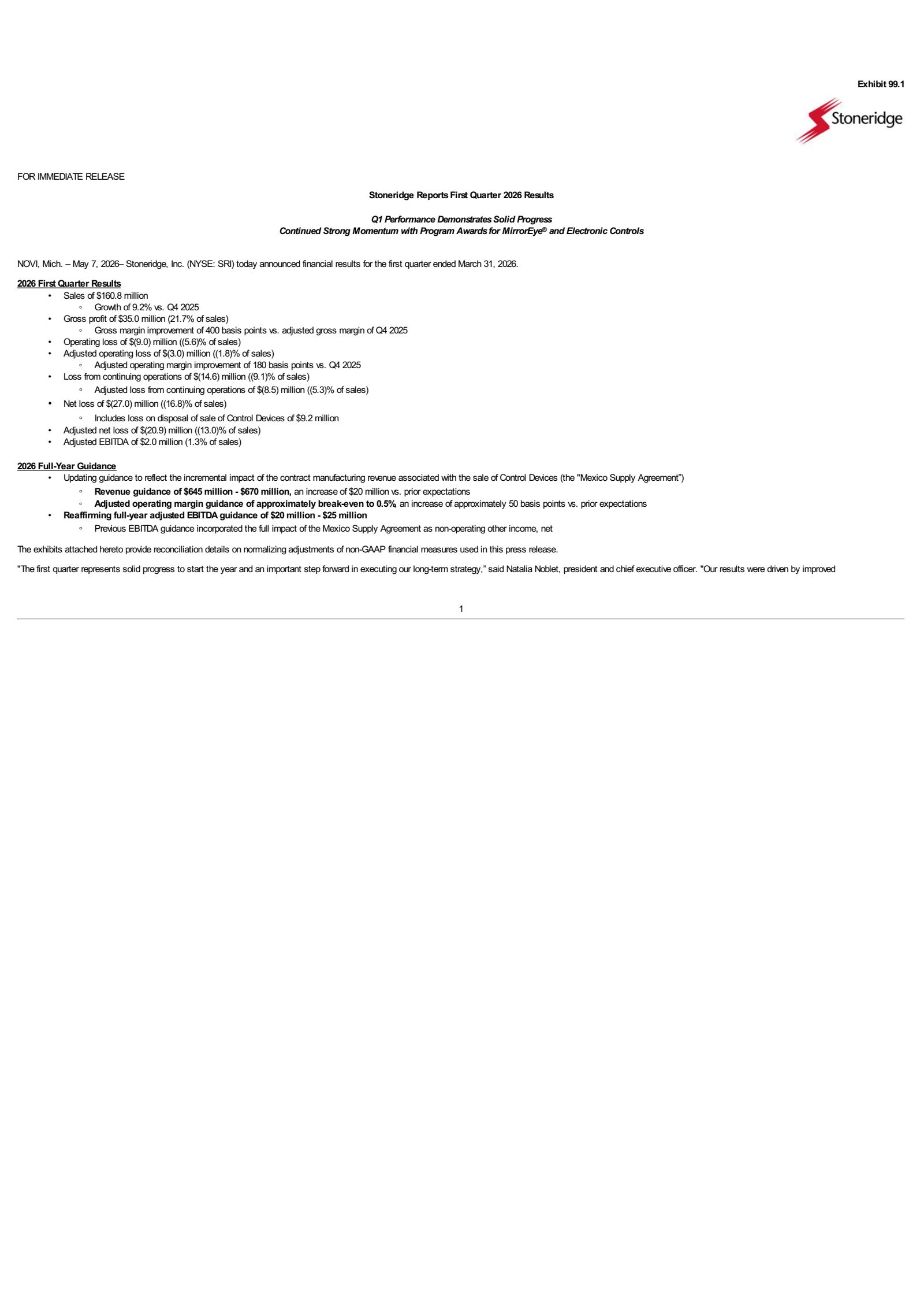 Stoneridge's Q1 2026 Press Release