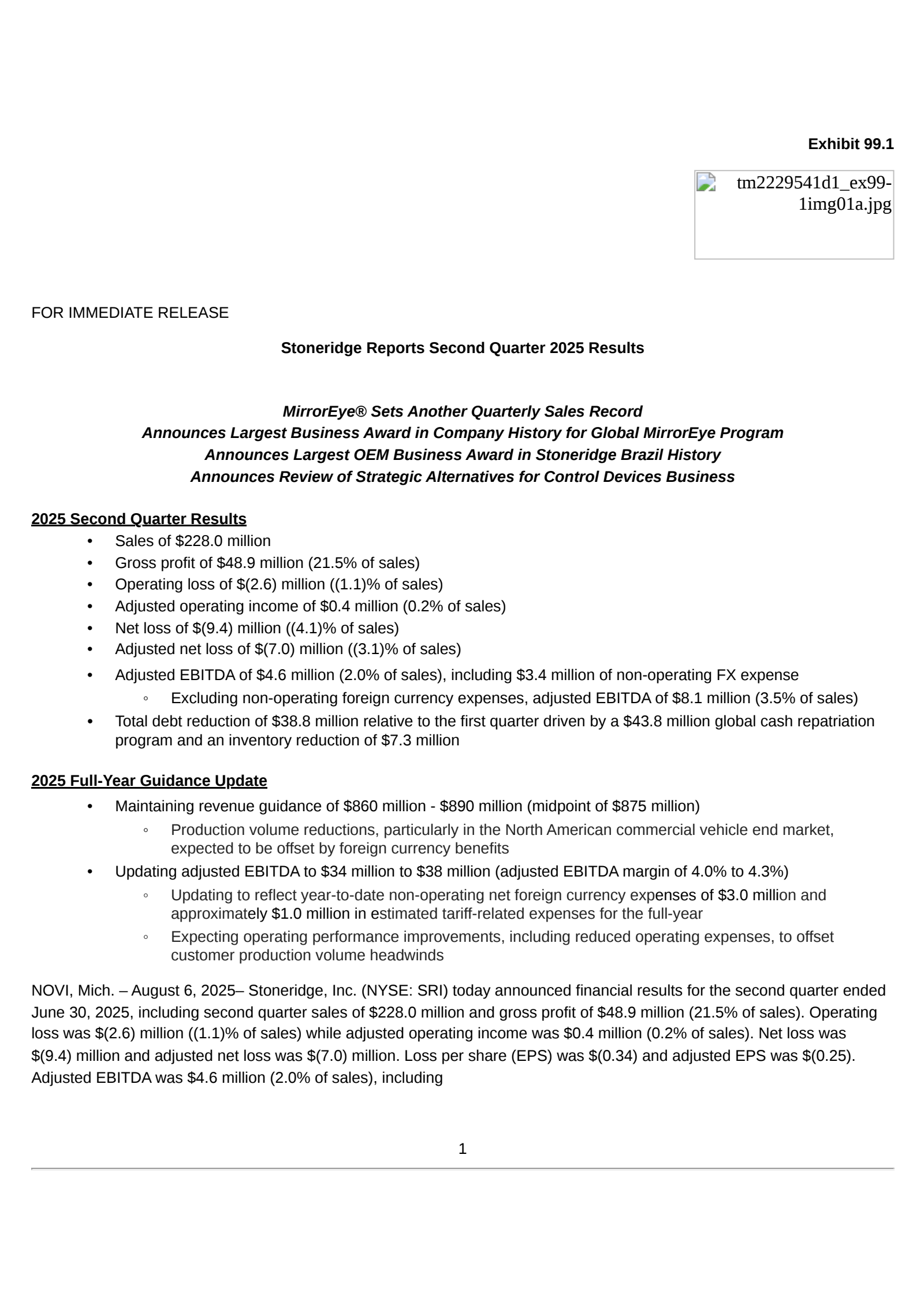 Stoneridge's Q2 2025 Press Release