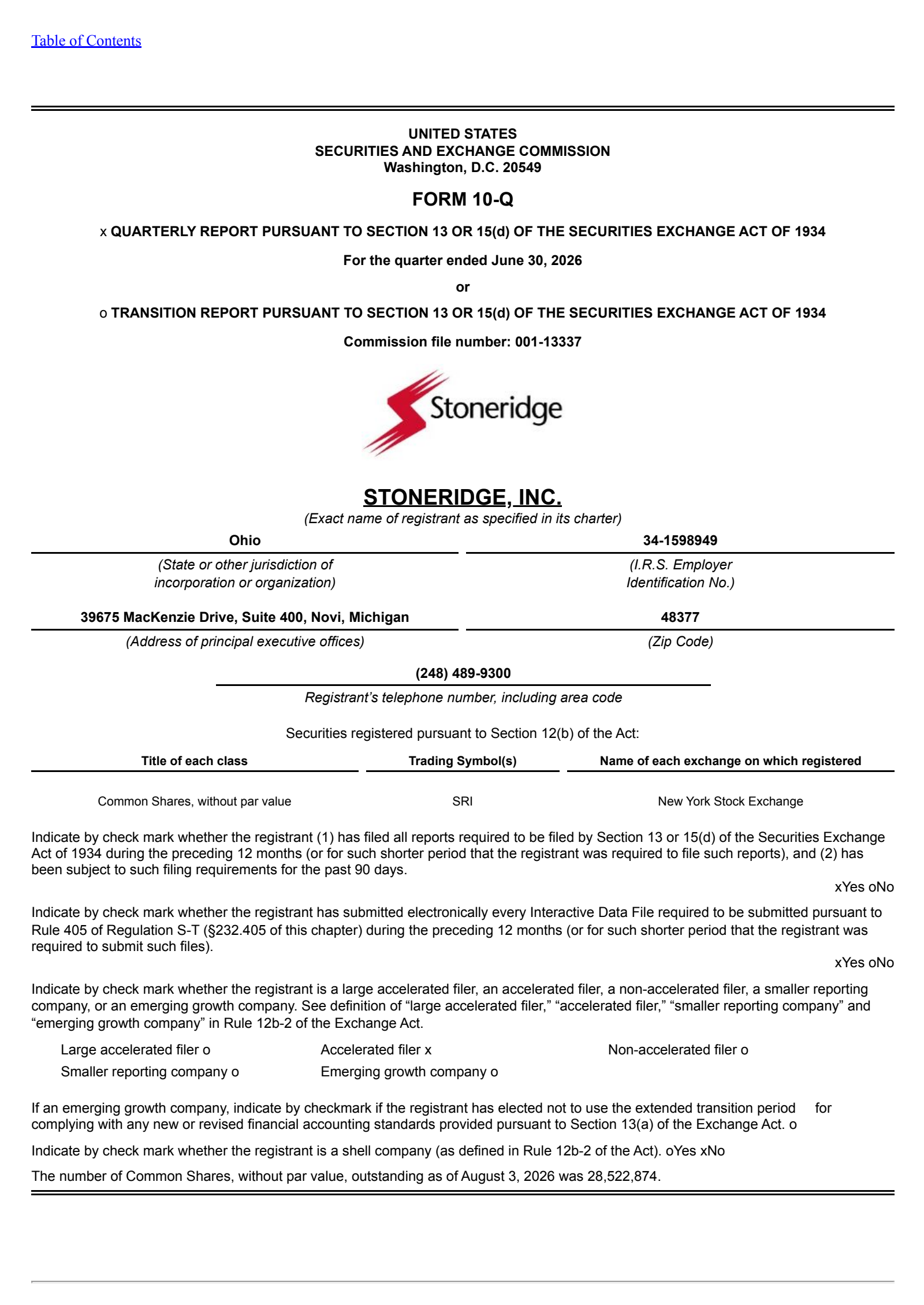 Stoneridge's Q2 2026 Quarterly report