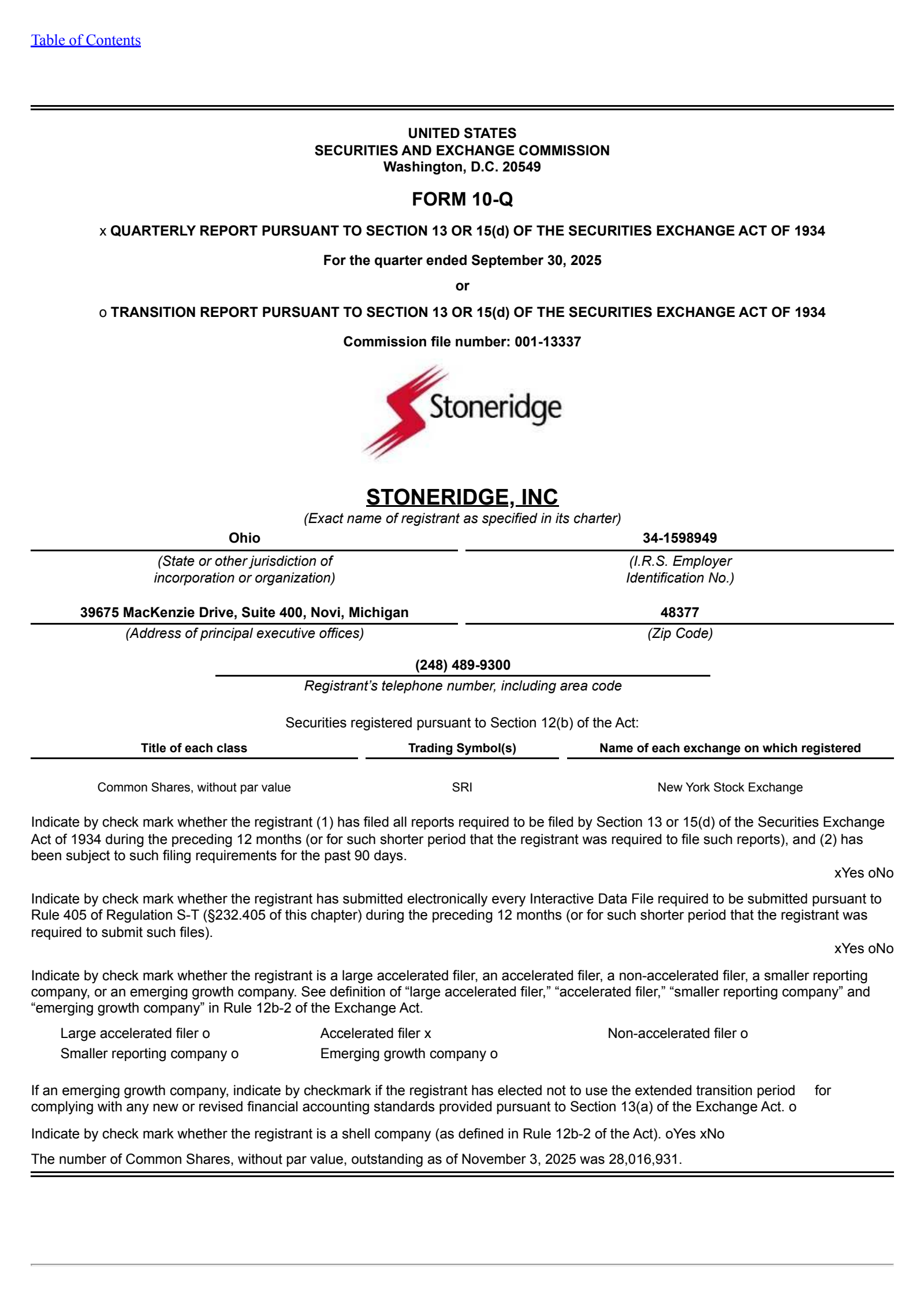 Stoneridge's Q3 2025 Quarterly Report