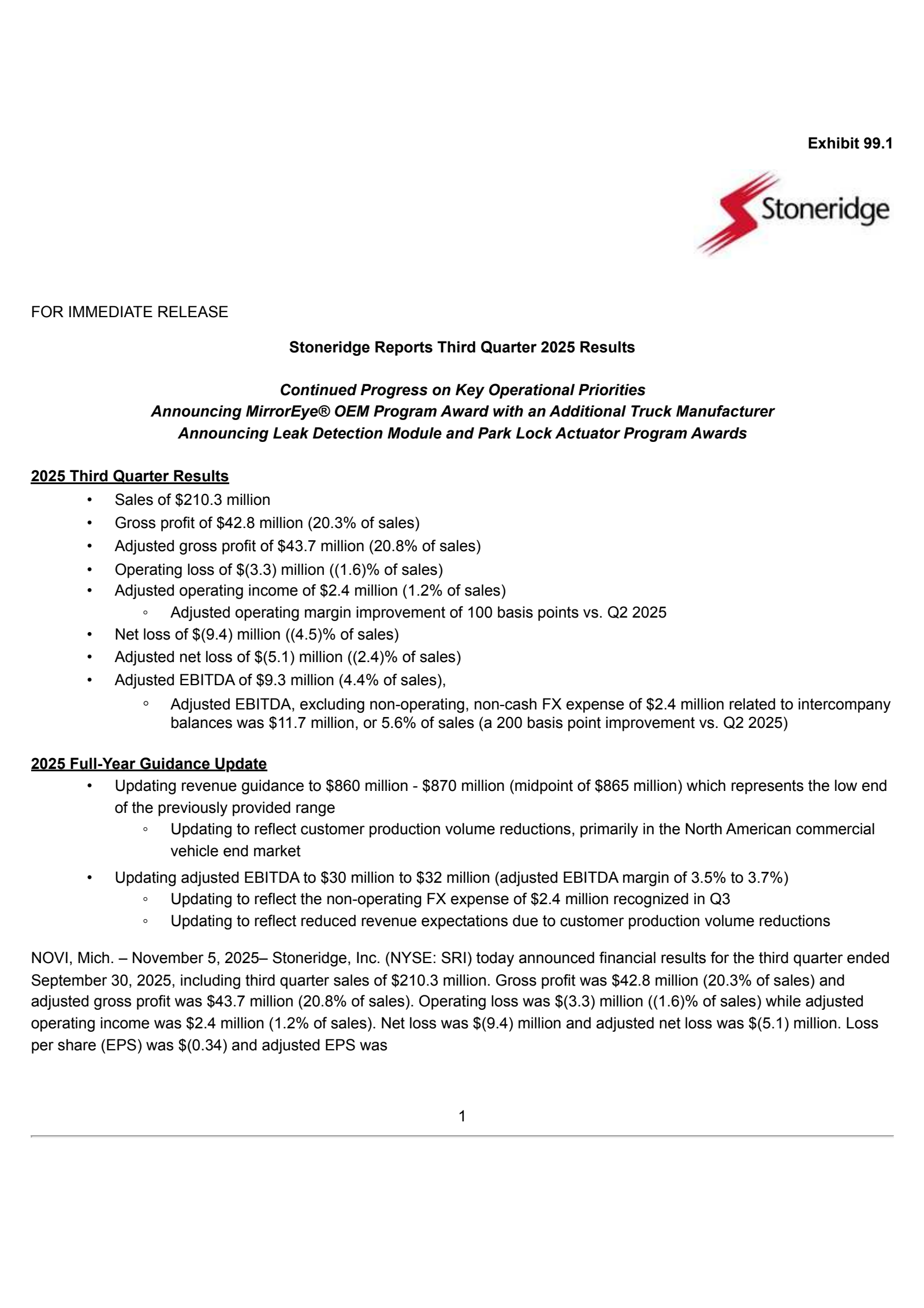 Stoneridge's Q3 2025 Earnings Release