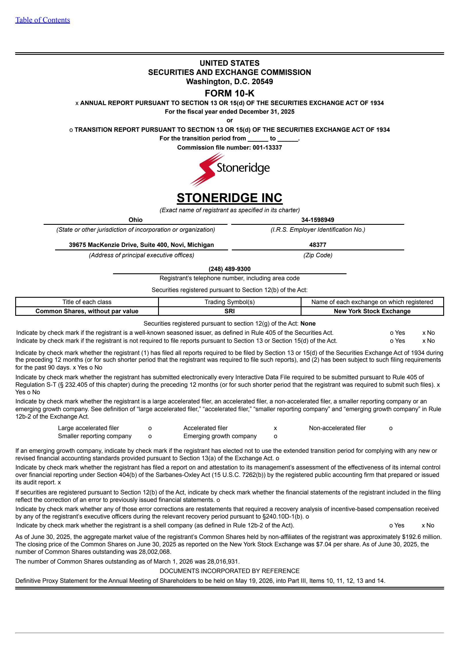 Stoneridge's Q4 2025 Annual report
