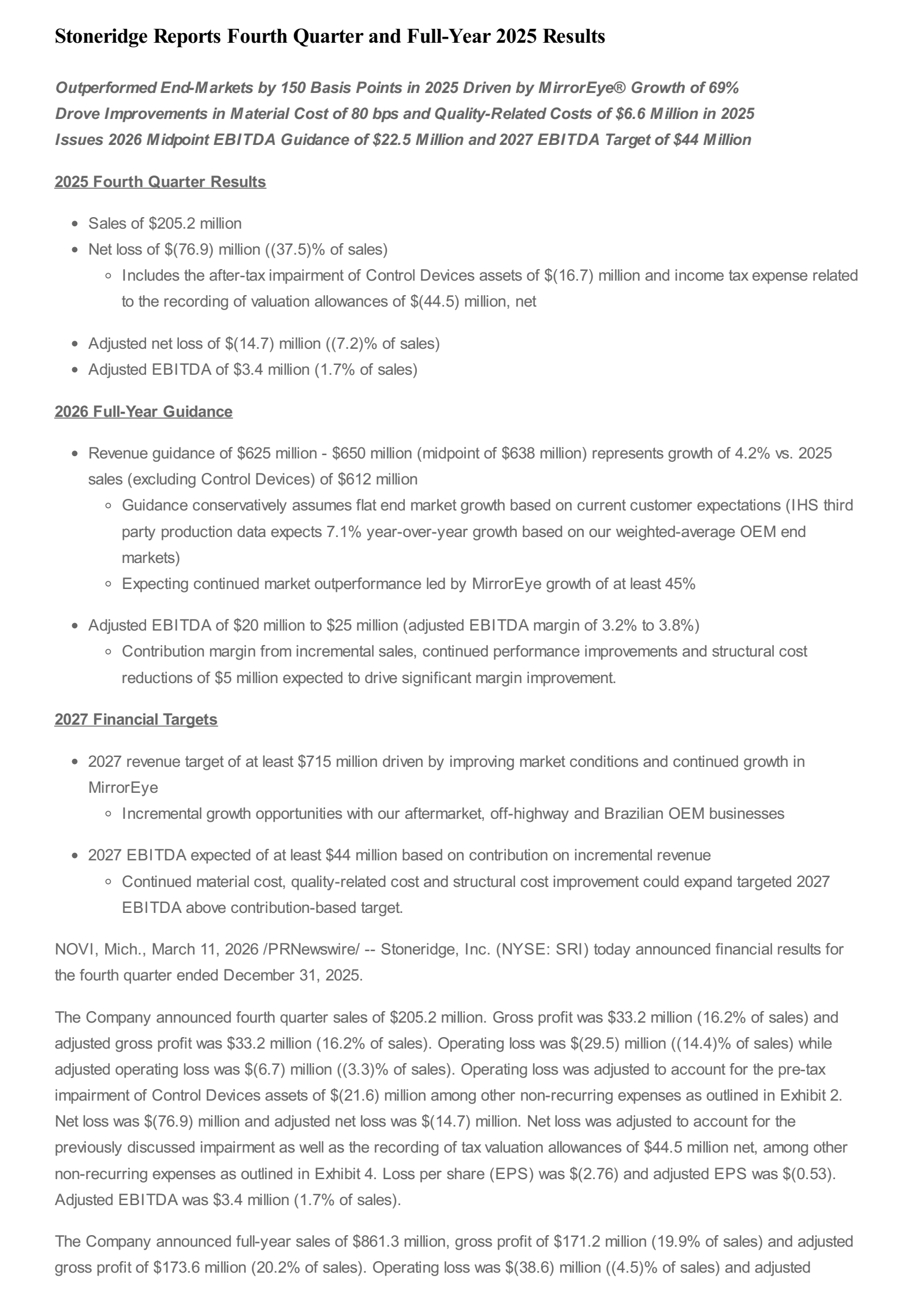 Stoneridge's Q4 2025 Press Release