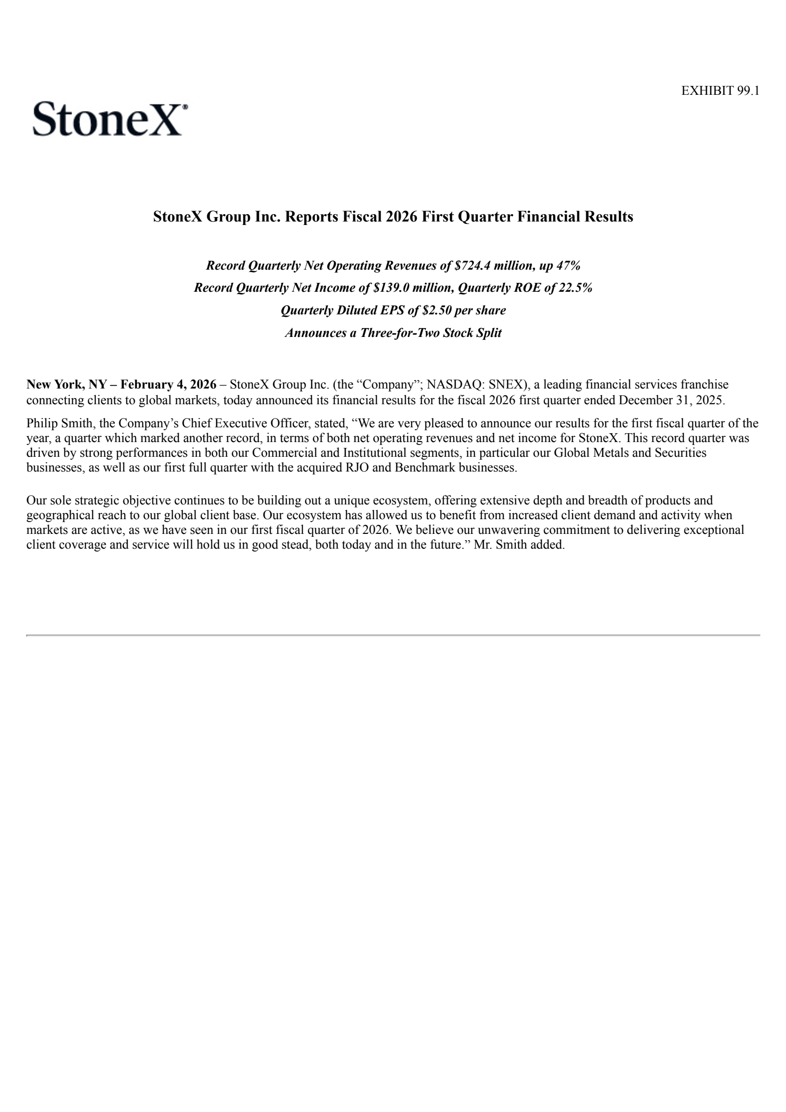 StoneX Group's Q1 2026 Press Release