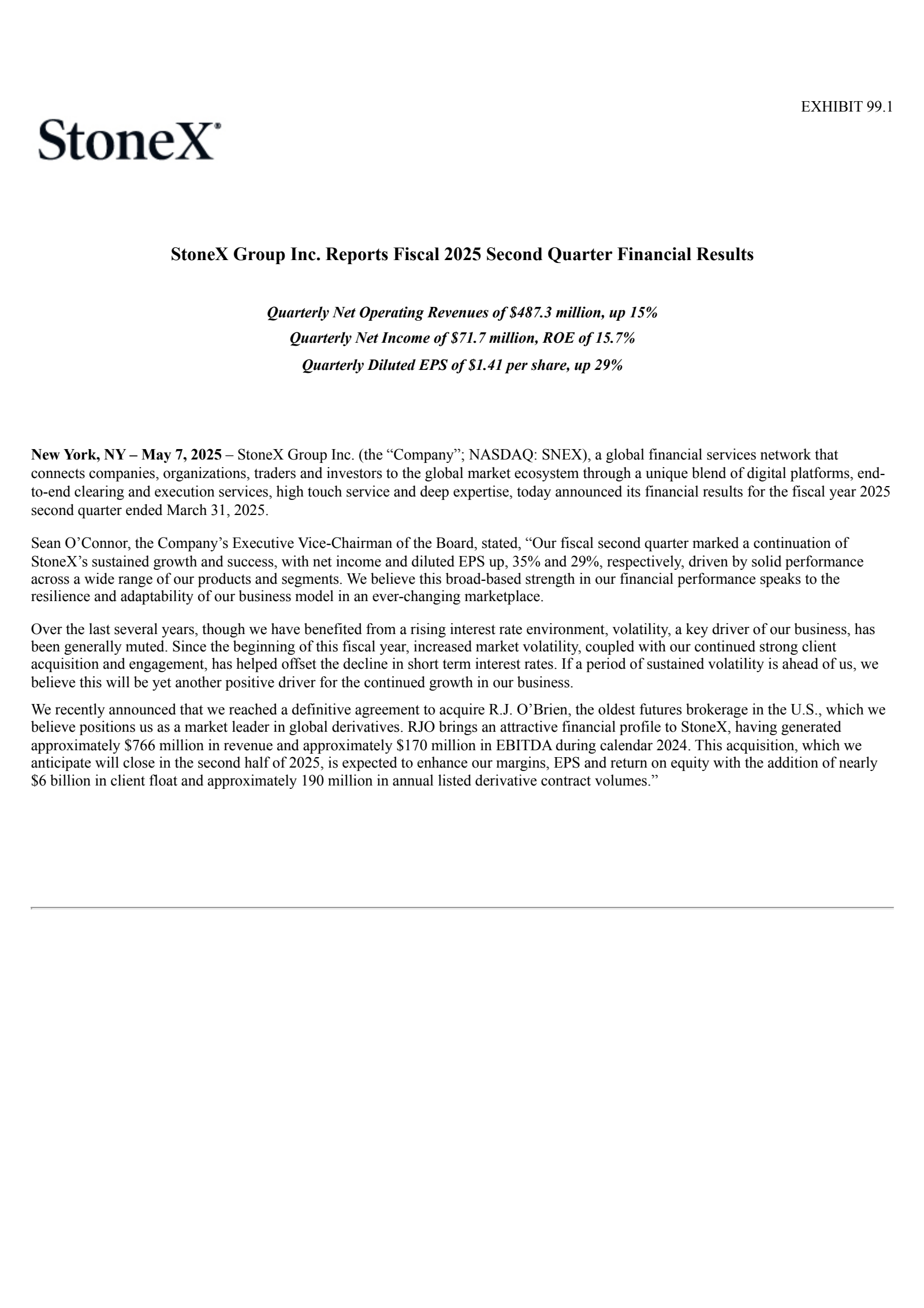 StoneX Group's Q2 2025 Press Release