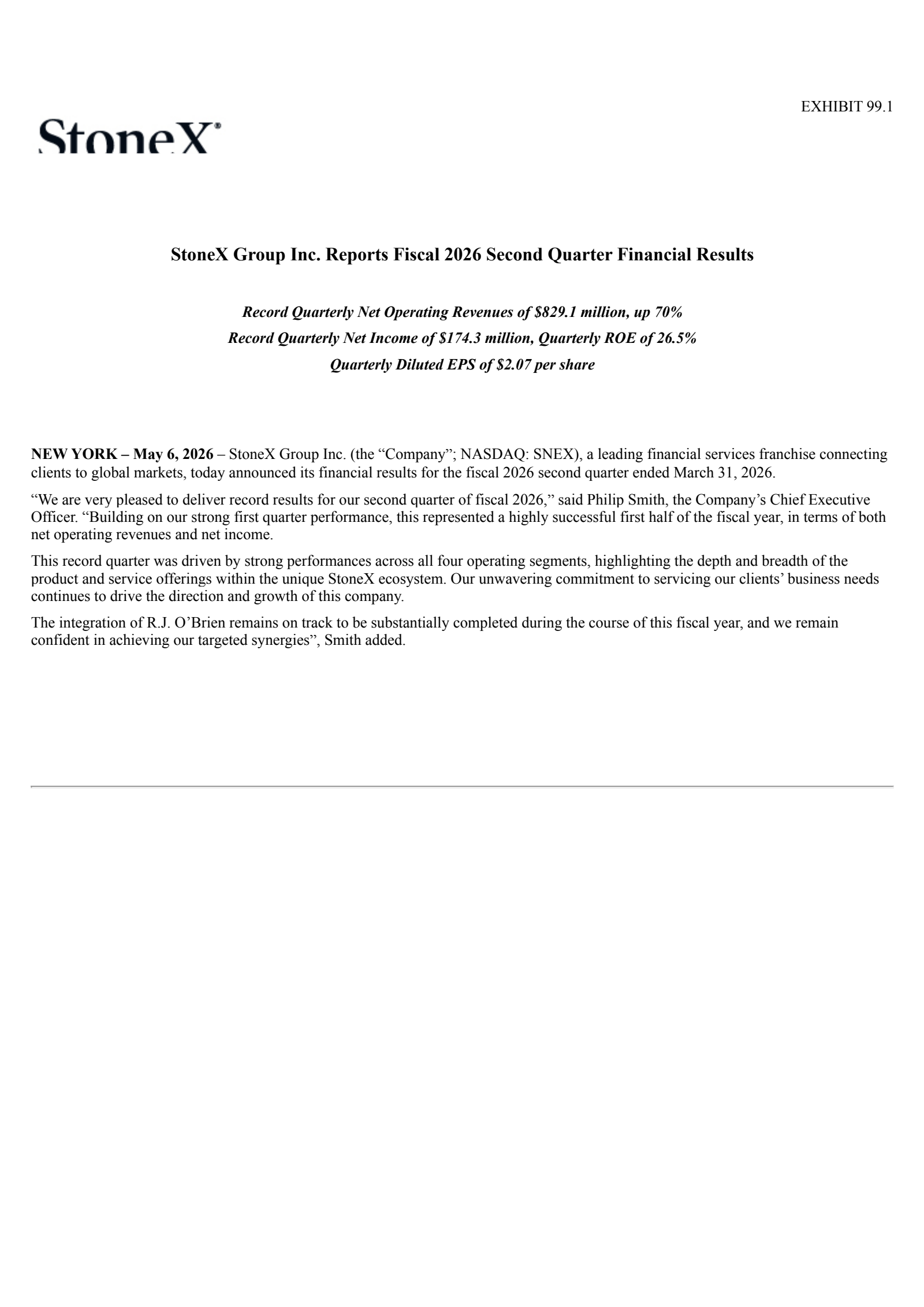 StoneX Group's Q2 2026 Press Release