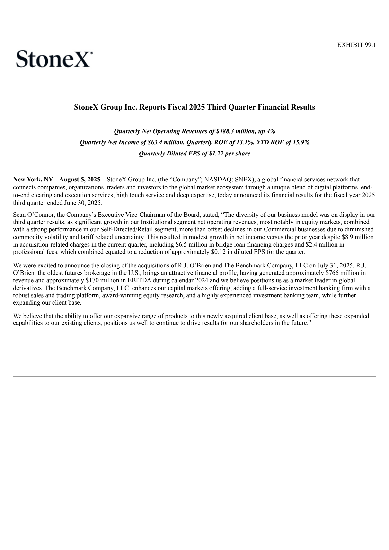StoneX Group's Q3 2025 Press Release