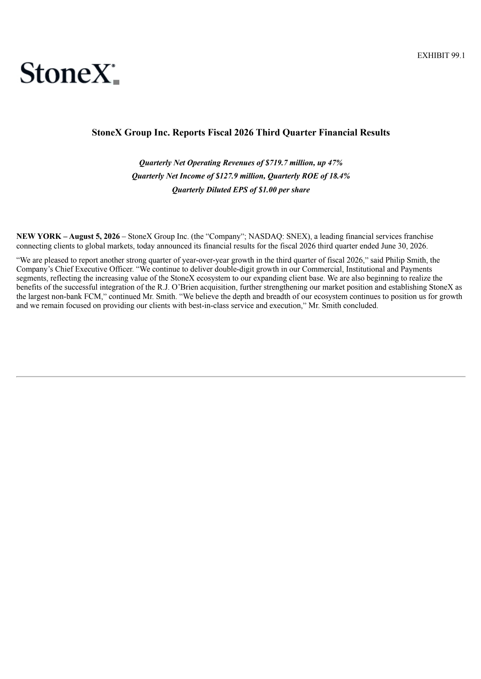 StoneX Group's Q3 2026 Press Release