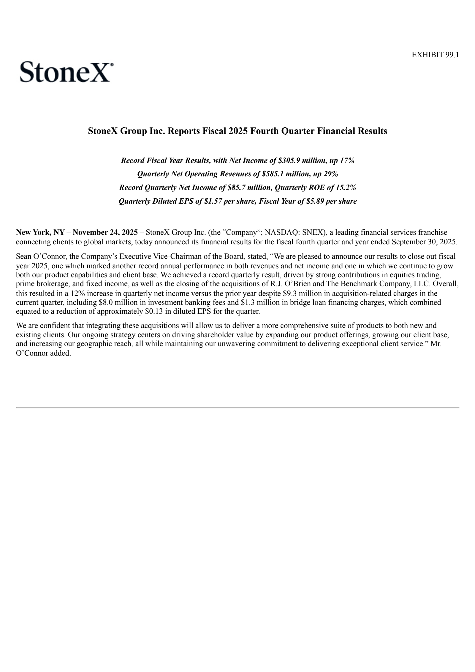 StoneX Group's Q4 2025 Earnings Release