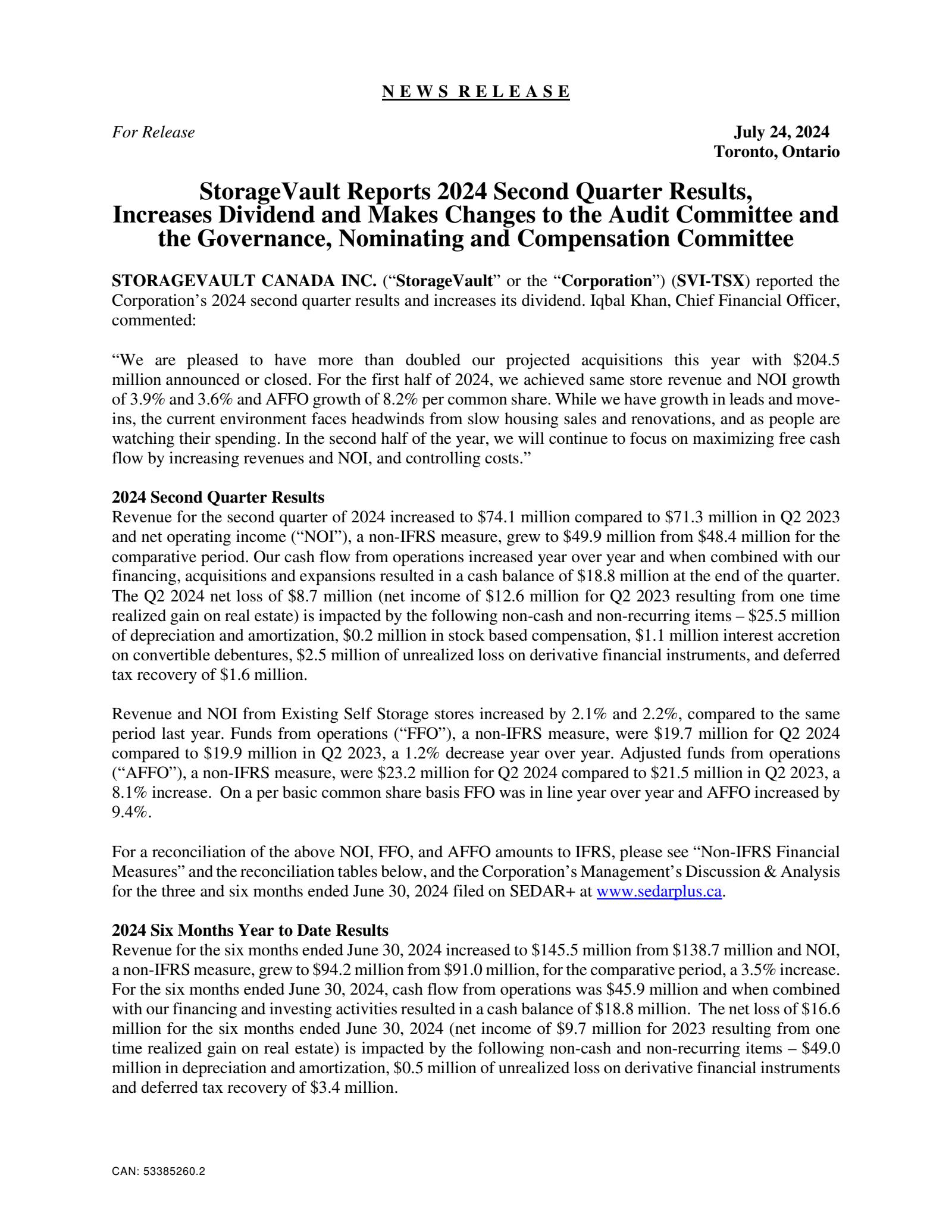 StorageVault Canada's Q2 2024 Press Release