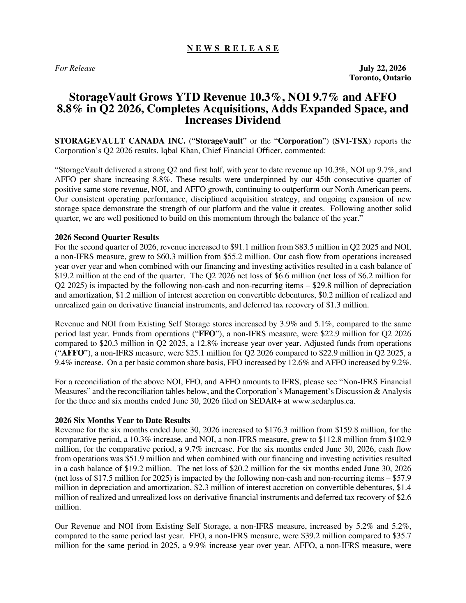 StorageVault Canada's Q2 2026 Press Release