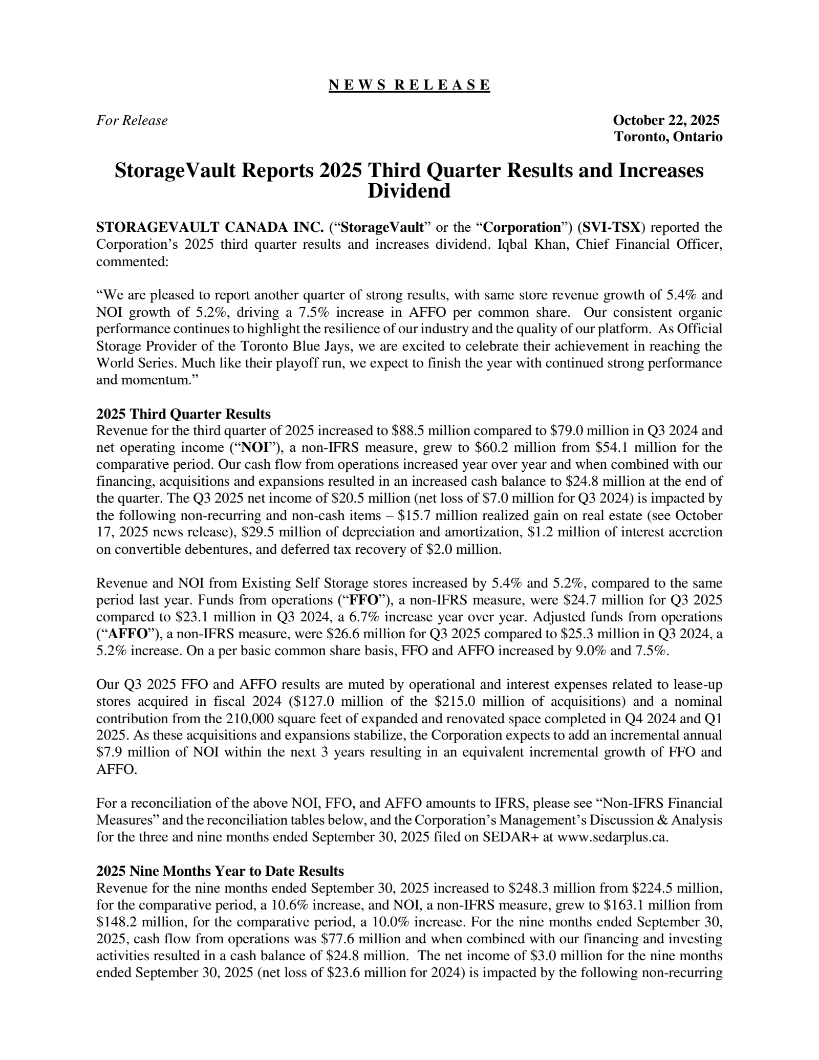 StorageVault Canada's Q3 2025 Earnings Release