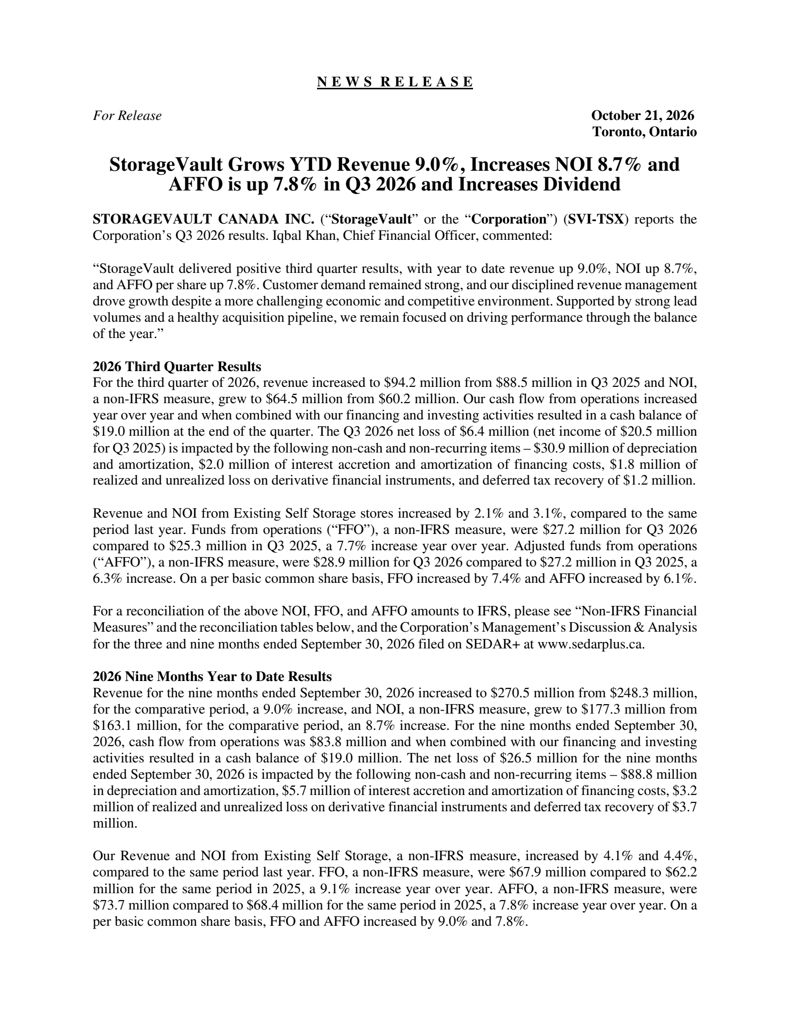 StorageVault Canada's Q3 2026 Press Release
