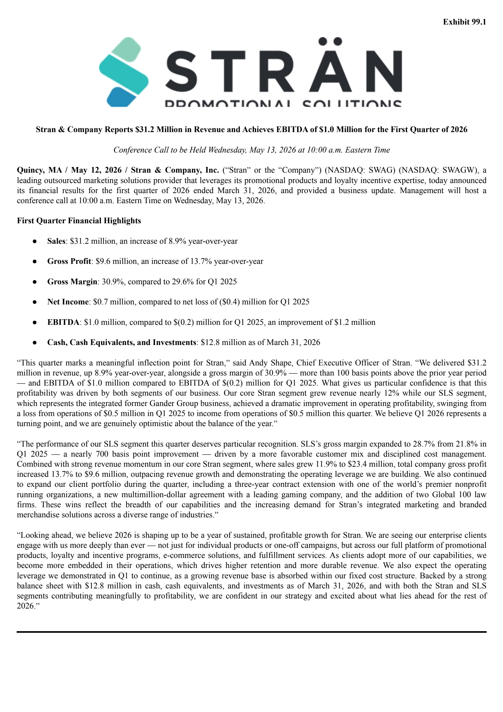 Stran & Company, Inc.'s Q1 2026 Press Release